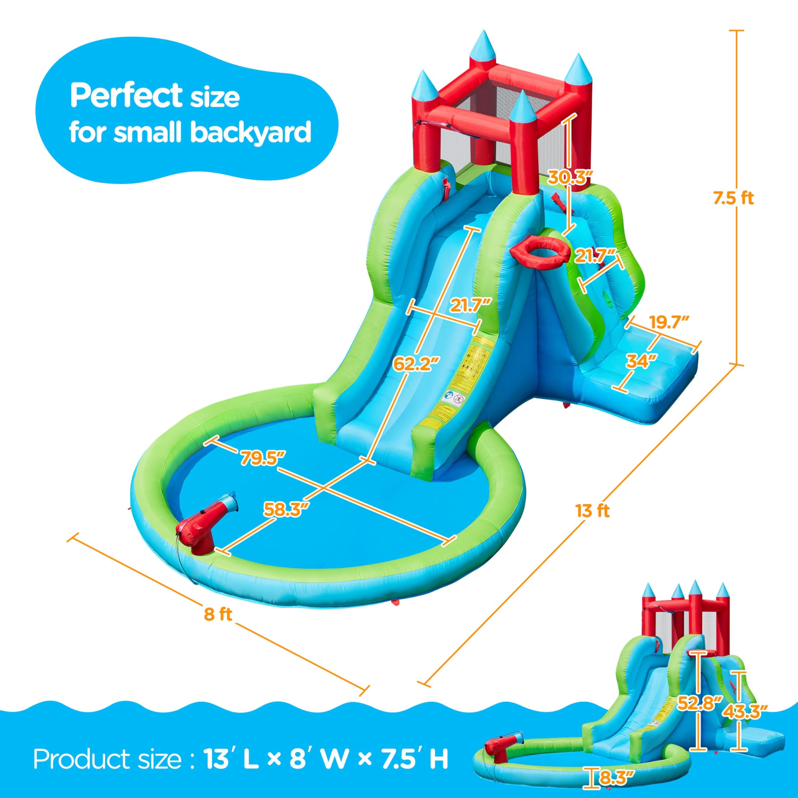 Yaheetech 5-in-1 Inflatable Water Slide for Kids Ages 3-8 | Outdoor Blow Up Bounce House with Water Cannon, Basketball Hoop, Climbing Wall & Storage Bag | Includes 350W Blower | Perfect for Backyard Parties, Summer Fun & Family Gatherings