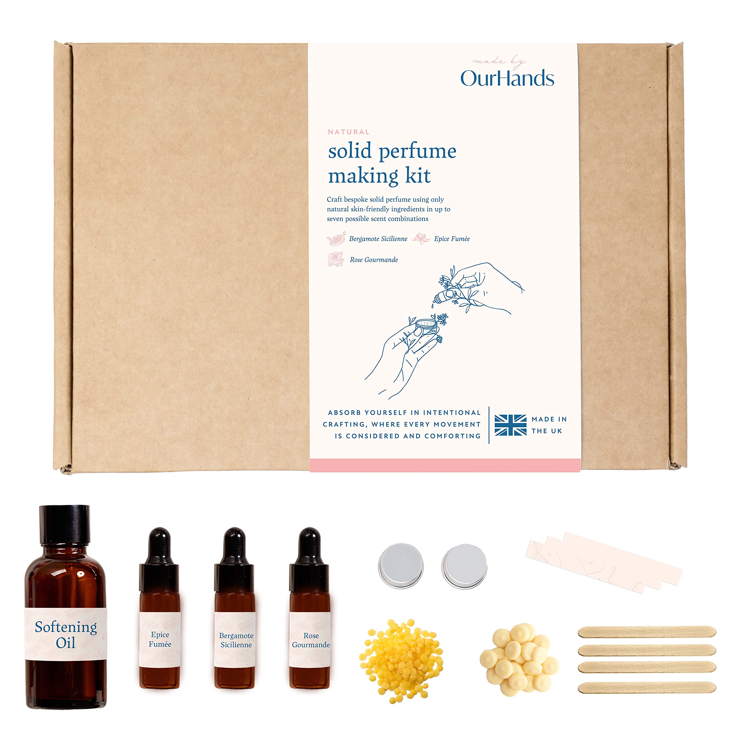 OurHands DIY Solid Perfume Making Kit - Natural Essential Oil Based, Alcohol-Free Fragrance Craft Set with 3 Blendable Scents, Reusable Tins & Guide - Perfect for Homemade Gifts, Aromatherapy & Personal Scent Creation