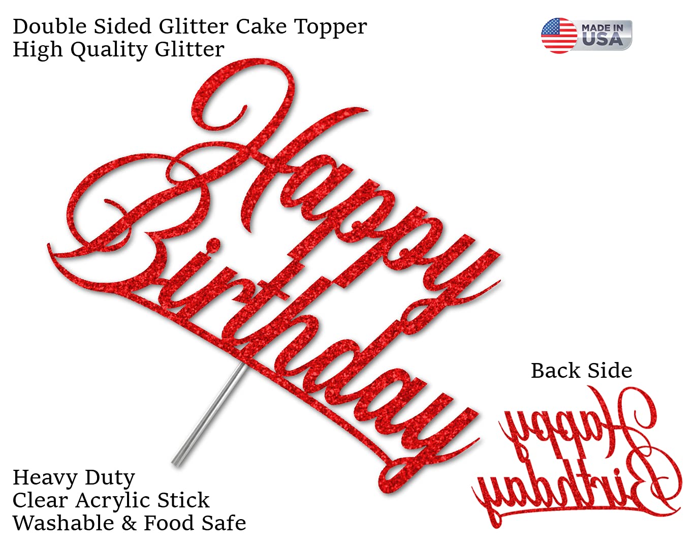 Premium Happy Birthday Glitter Cake Topper - Double Sided Acrylic Party Decoration with Sturdy Stick - Made in USA (Red) | Perfect for Birthday Cakes, Cupcakes, Wedding Anniversaries & Special Celebrations