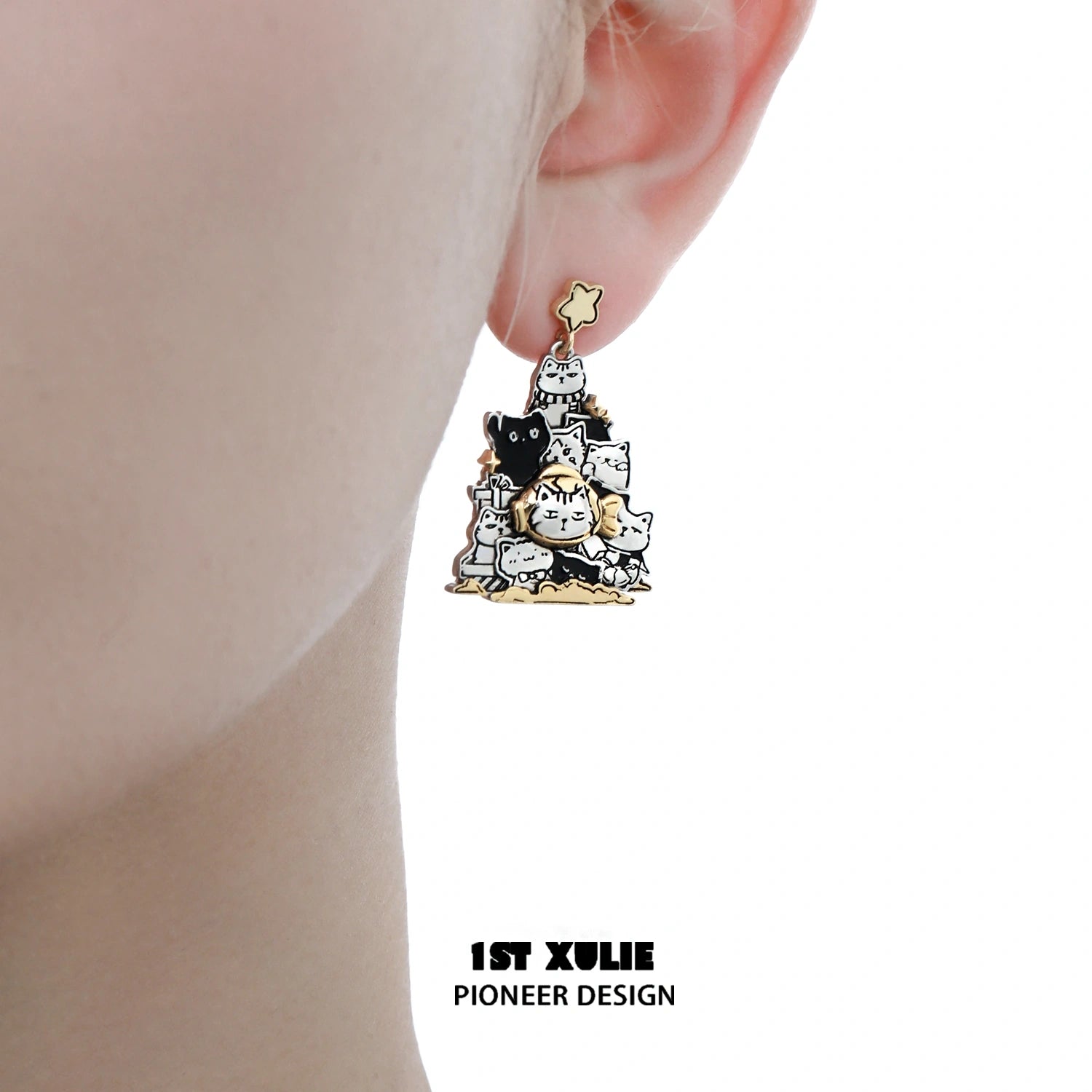 2024 Christmas Graffiti Kitten Stud Earrings - S925 Sterling Silver with 18K Gold Plating | Holiday Party Jewelry Gift for Women