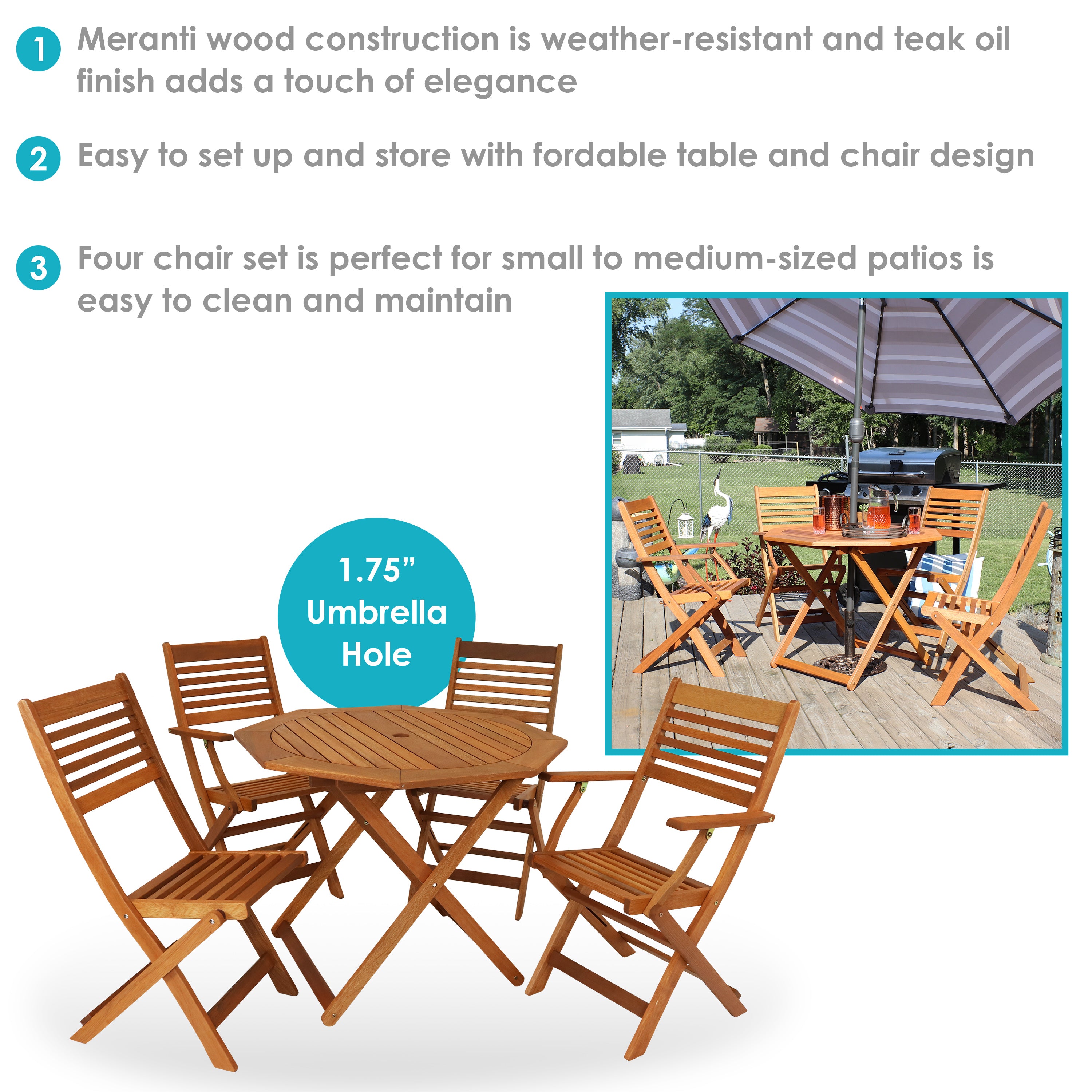 Sunnydaze Meranti Wood 5-Piece Outdoor Folding Patio Dining Set - Durable & Weather-Resistant Furniture for Backyard, Garden, or Poolside Entertaining