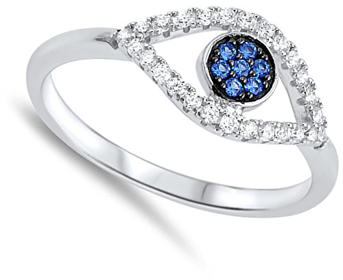 Evil Eye Blue Simulated Sapphire Micro Pave Ring - .925 Sterling Silver Band (Sizes 5-10) - Perfect for Protection, Spiritual Jewelry & Everyday Wear