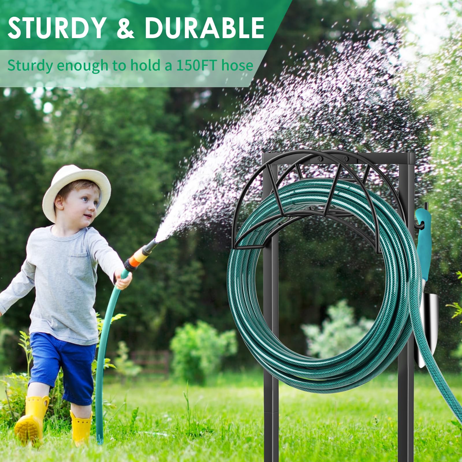 **TomCare 4-Spike Garden Hose Holder & Reel Stand - Heavy-Duty Hose Storage with Tool Hooks, Organizes Up to 150ft Hoses - Perfect for Yard, Lawn, and Outdoor Watering (Black)**    *(Ideal for garden maintenance, car washing, and outdoor water storage – keeps hoses tangle-free and tools within reach!)*
