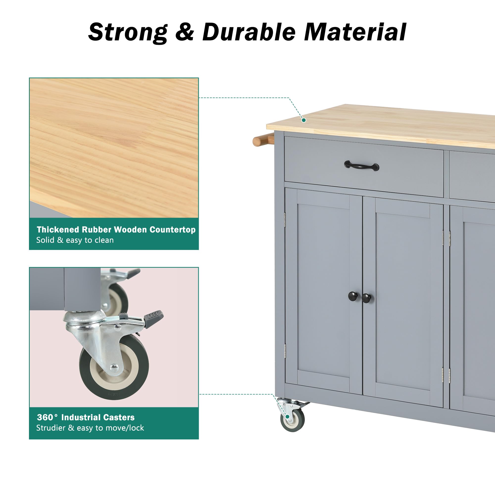 Solid Wood Top Kitchen Island on Wheels with 2 Drawers & Storage Cabinets - Large Rolling Kitchen Cart for Cooking Prep & Entertaining in Dusty Blue - Perfect for Small Kitchens, Dining Areas & Open Concept Living Spaces