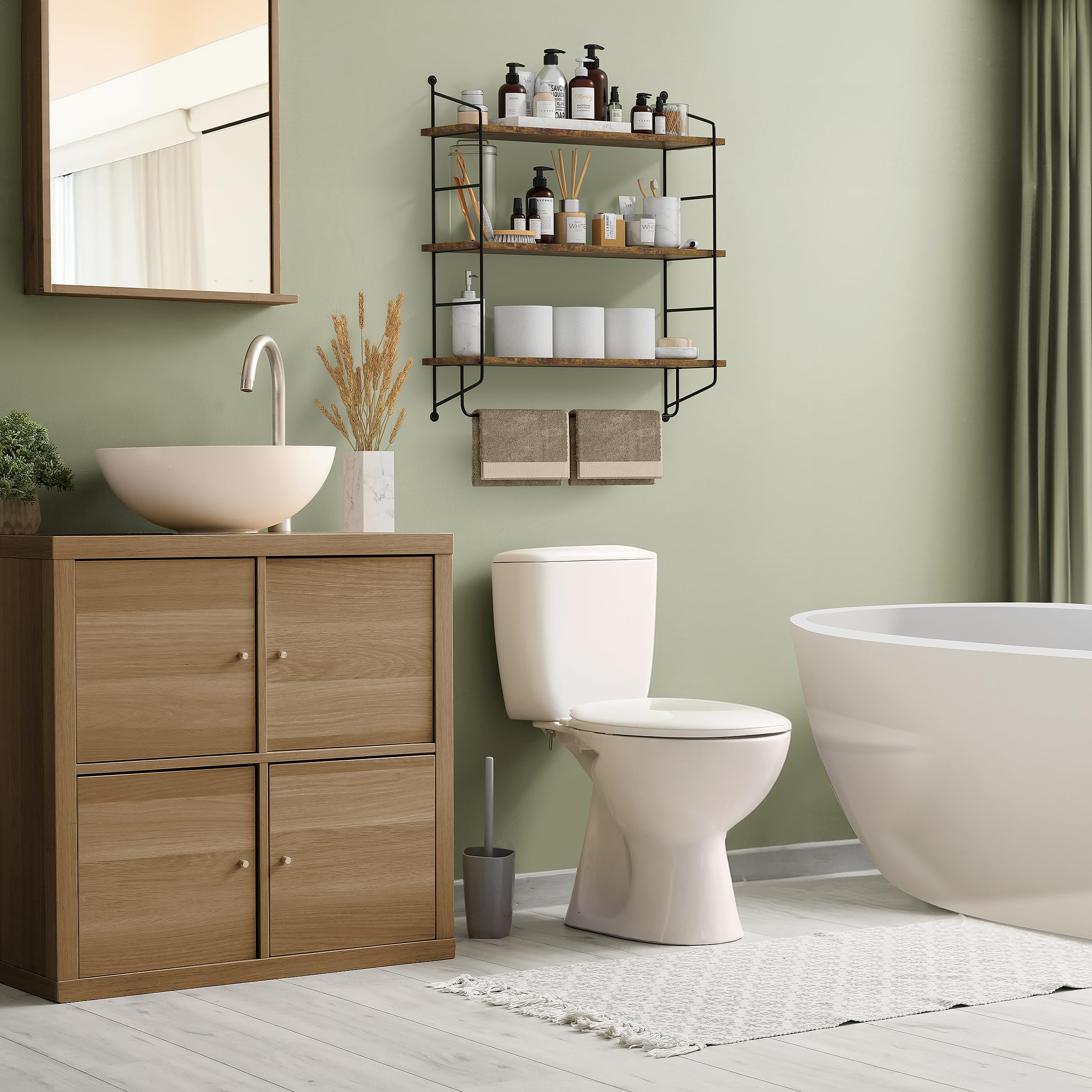 Sorbus 3-Tier Floating Wall Shelves - Rustic Brown Wood Bathroom Storage for Towels, Toiletries & Decor | Over The Toilet Organizer, Gaming Room & Home Decor | Space-Saving Solution for Small Bathrooms & Bedrooms