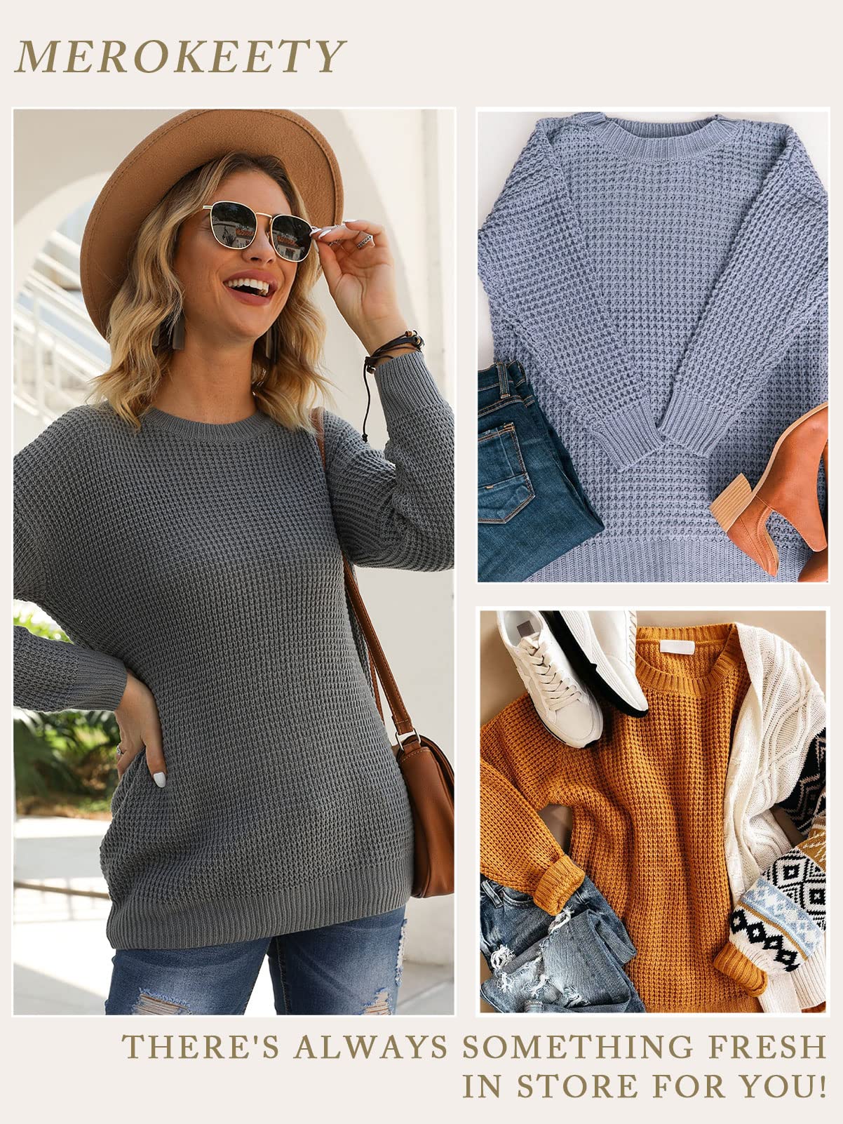 MEROKEETY Women's Long Sleeve Waffle Knit Sweater - Crew Neck Solid Color Pullover Jumper Tops for Fall Winter 2024 | Cozy Casual Wear for Office, Dating & Weekend Outfits