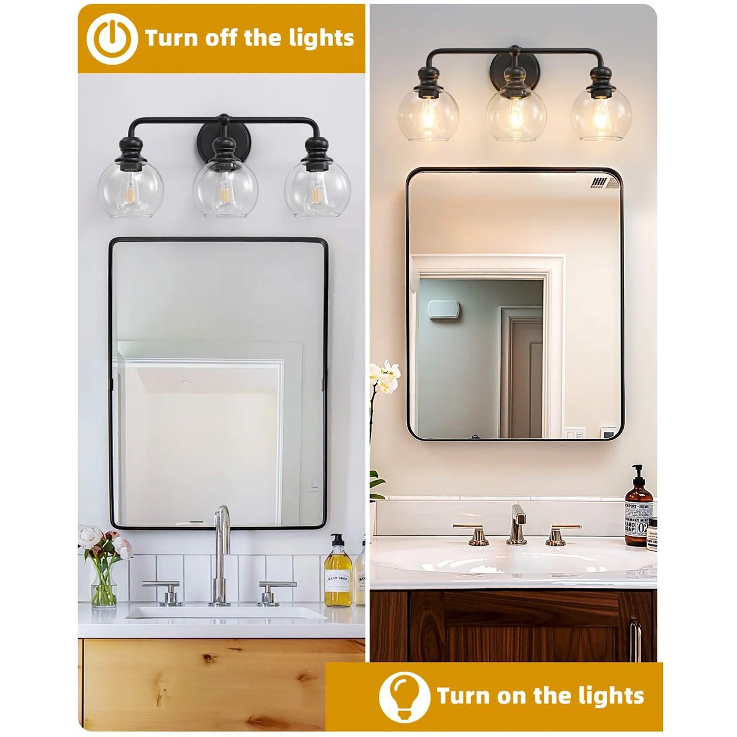 Modern Black Clear Glass 3-Light Bathroom Vanity Light - Perfect for Bathroom, Powder Room & Dressing Area Lighting