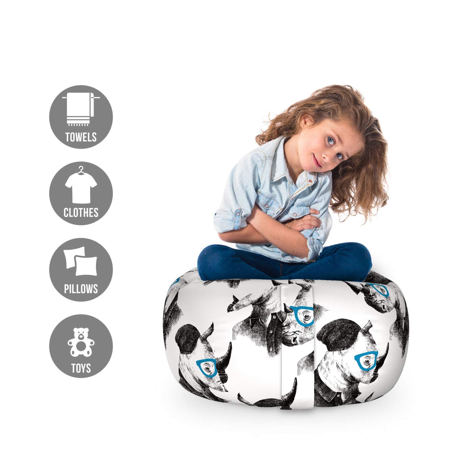 Ambesonne Storage Toy Bag Chair - Washable Stuffed Animal Organizer with Hipster Portrait Design, Small Size in Blue Charcoal | Perfect for Kids' Room, Playroom & Toy Storage Organization