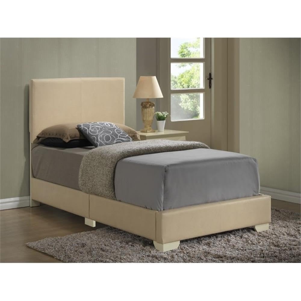 Glory Furniture Aaron Faux Leather Upholstered Twin Bed in Beige - Modern PU Leather Platform Bed Frame with Wooden Slats Support - Perfect for Kids Rooms, Guest Bedrooms & Small Spaces