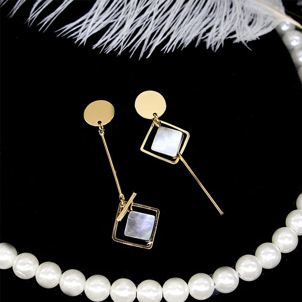 Geometric Asymmetric Triangle Long Bar Chain Tassel Dangle Earrings for Women - Pearl Shell Round Disc Fringe Drop Earrings Fashion Jewelry - Perfect for Parties, Weddings & Everyday Wear