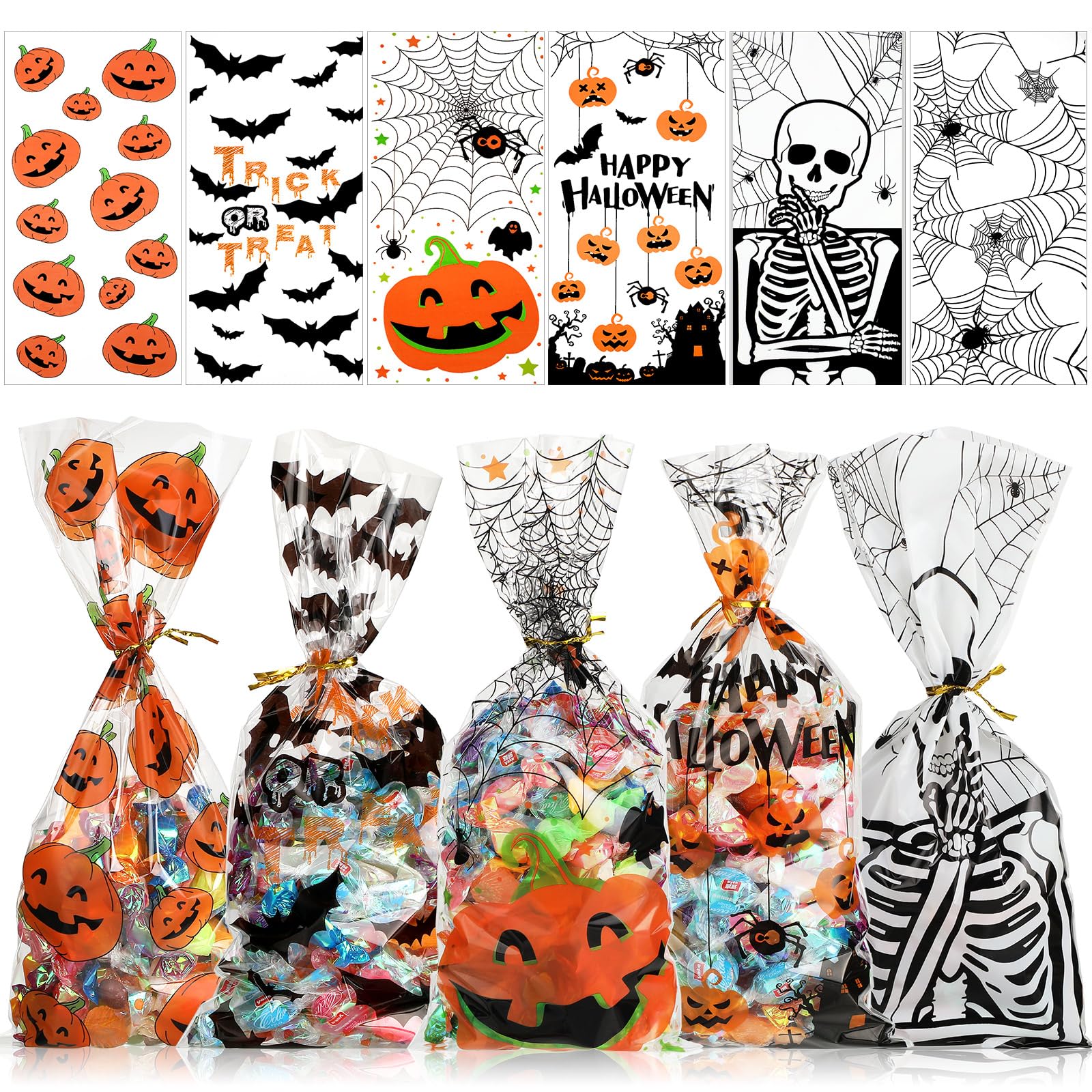 Zonon 180-Piece Halloween Cellophane Treat Bags Set - Transparent Candy Wrappers with 200 Ties for Pumpkin Skull Bat Party Favors | Perfect for Halloween Trick-or-Treating, Classroom Treats & Party Gift Bags