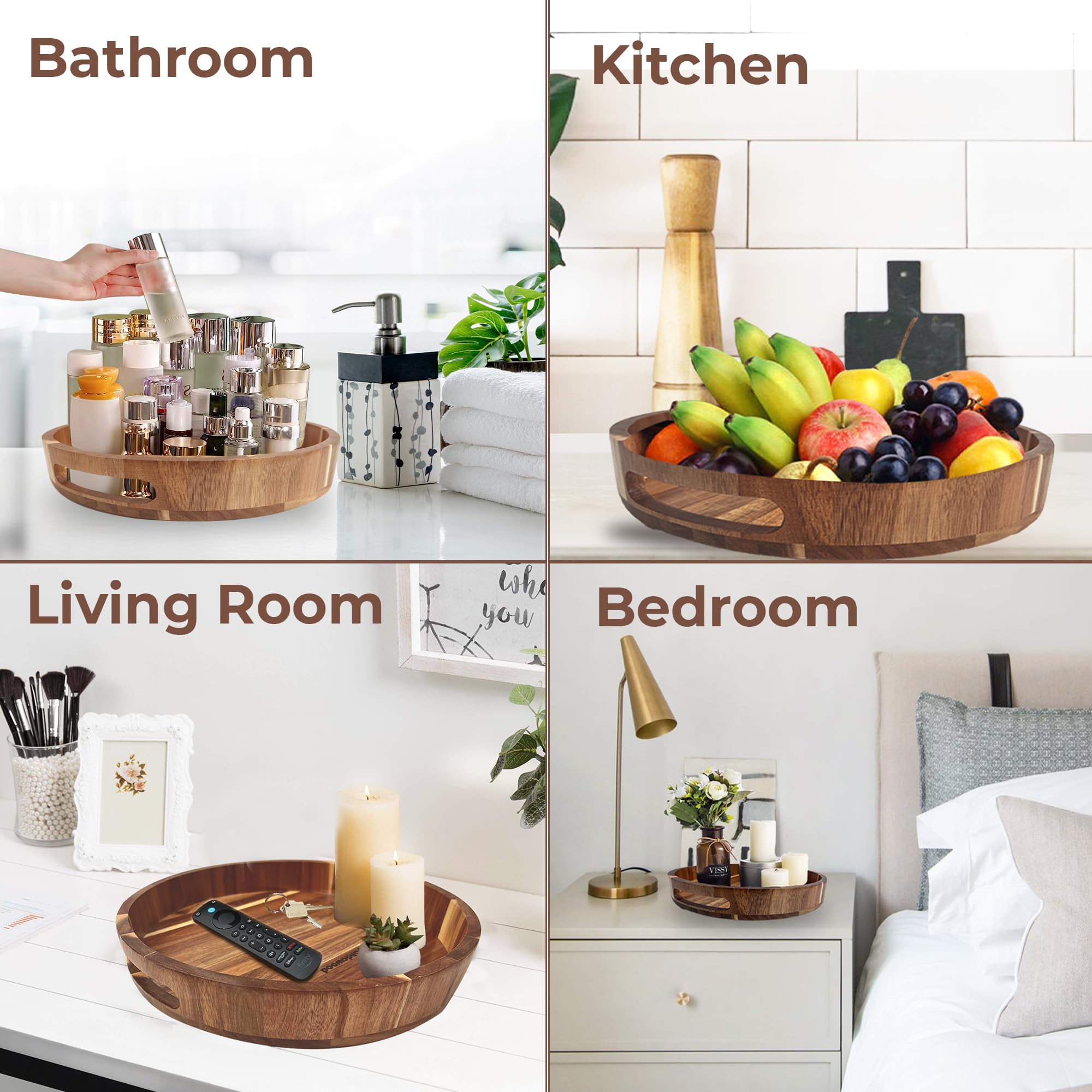 12 Inch Wooden Lazy Susan Turntable Organizer - 100% Acacia Wood Spinning Tray for Kitchen, Dining Table, Countertop & Pantry - Perfect for Spice Storage, Serving Dishes & Cabinet Organization