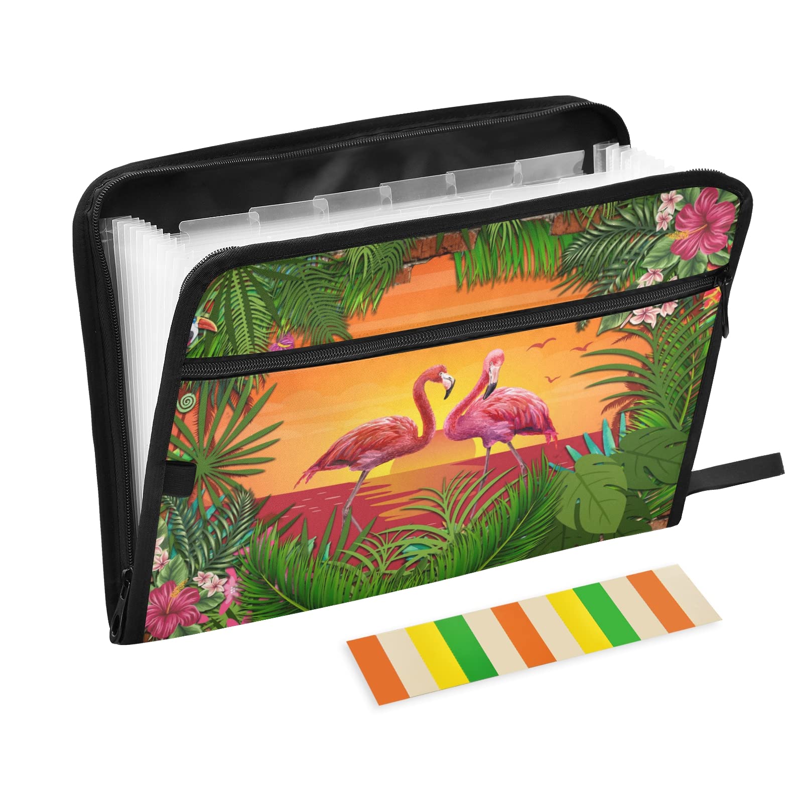 UMIRIKO Flamingo Flowers 13 Pocket Expanding File Folder with Sticky Labels - Accordion Organizer for A4 Letter Size Documents - Zippered Expanding File Folder with Secure Closure | Perfect for Office, School, Home Organization & Travel Document Storage