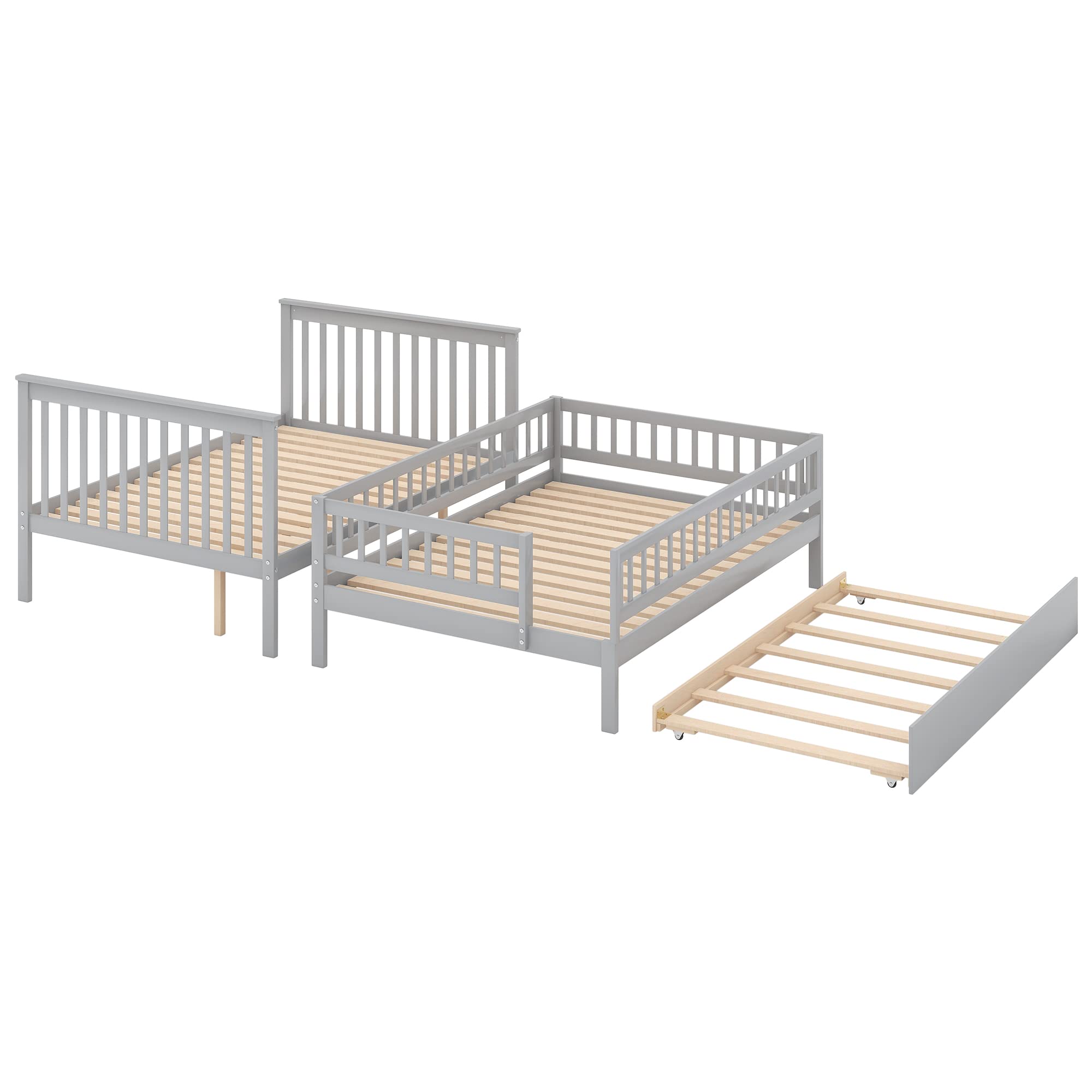 Solid Wood Full Over Full Bunk Bed with Trundle & Staircase - Convertible to 2 Separate Beds, Built-in Storage Shelf & Safety Rail for Kids/Teens - Space-Saving Solution for Small Bedrooms, Guest Rooms or Vacation Homes (Grey)