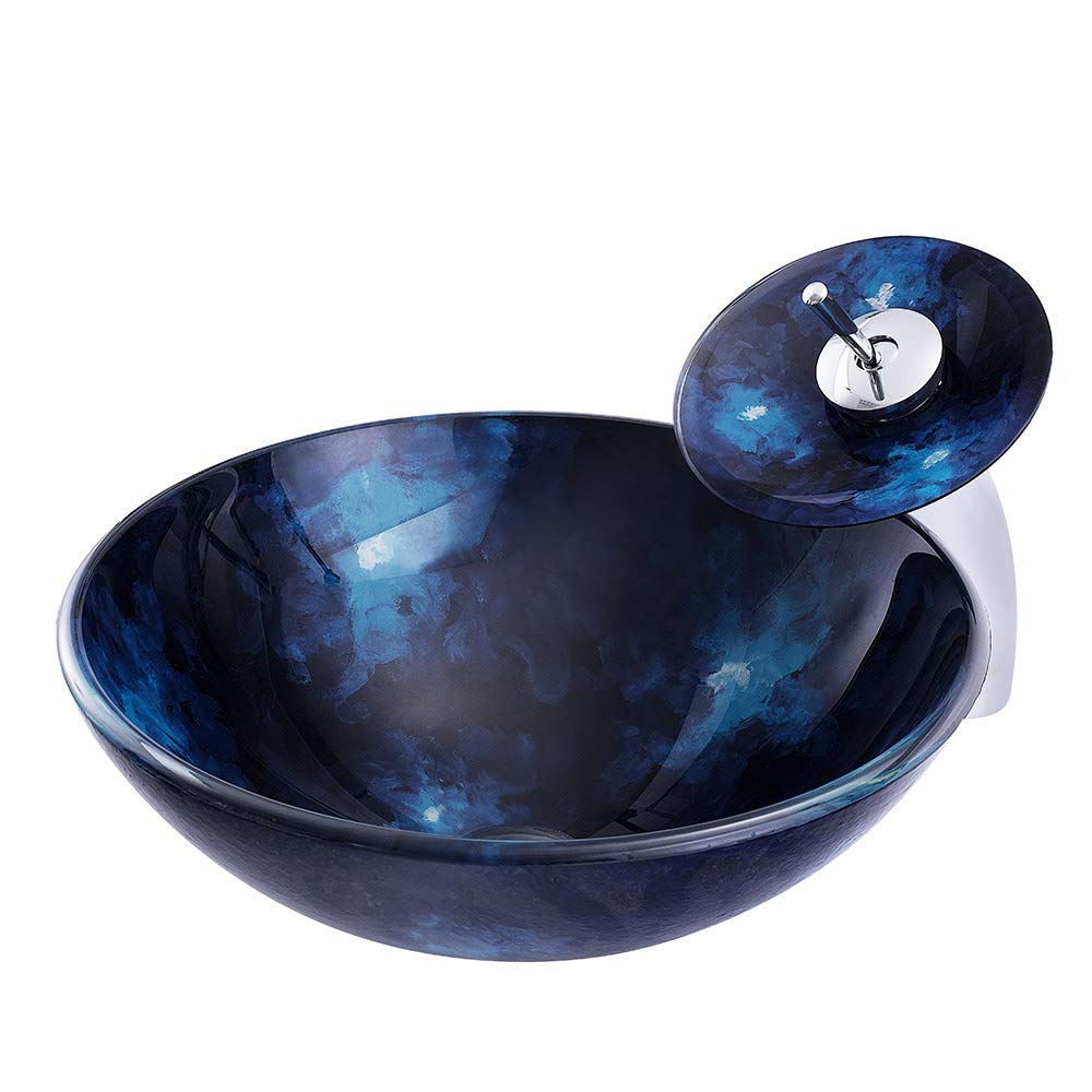 Modern Navy Blue Tempered Glass Vessel Sink - Round Bathroom Vanity Sink for Countertop Installation with Pop-Up Drain - Artistic Waterfall Faucet Compatible - Perfect for Contemporary Bathroom & Powder Room Decor