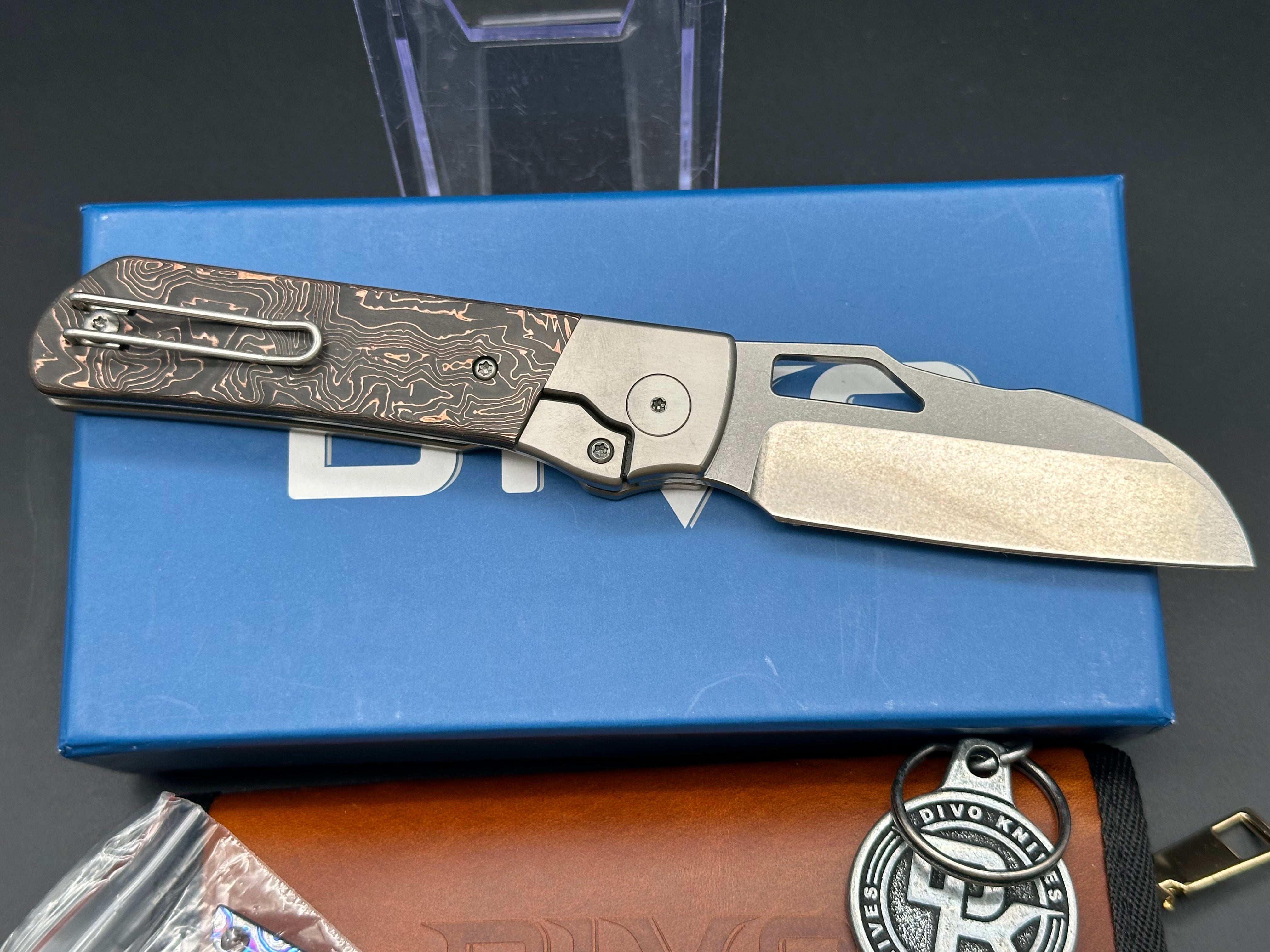Premium Divo Knives Stout Folding Knife - Copper & Carbon Fiber Scales, Titanium Frame, 20CV Steel Blade, Timascus Back Spacer - EDC, Outdoor, Camping, Survival Gear
