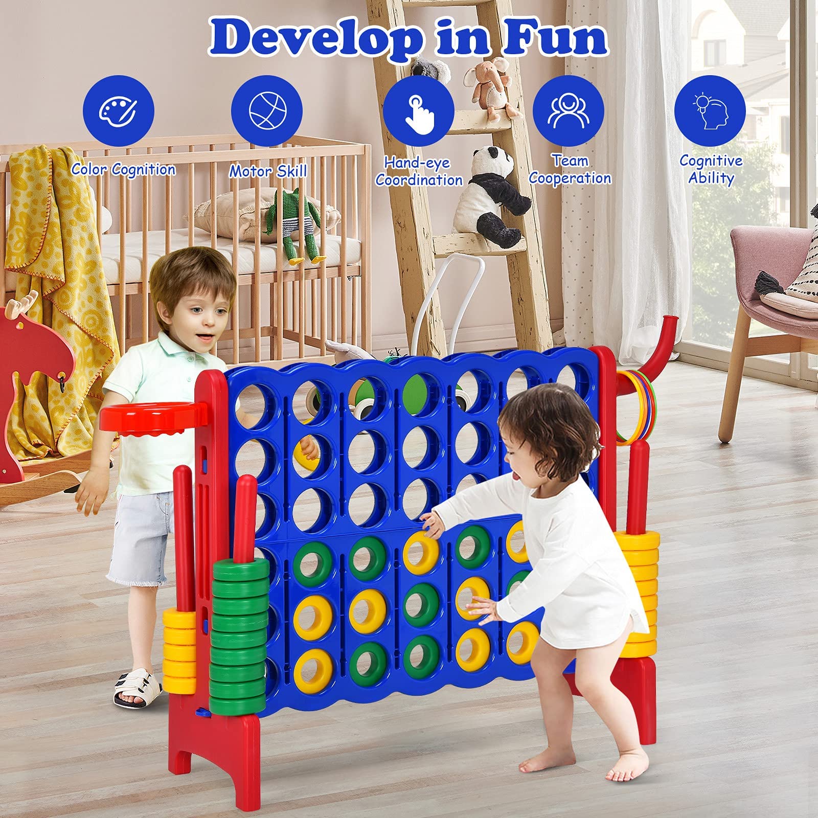 Costzon Giant 4-in-A-Row Game Set with Carrying Bag - Jumbo 4-to-Score Connect Game for Kids & Adults - Includes Basketball Hoop, 42 Large Rings & Quick-Release Slider - Fun Indoor & Outdoor Backyard Party Games for Family Gatherings, BBQs, and Picnics