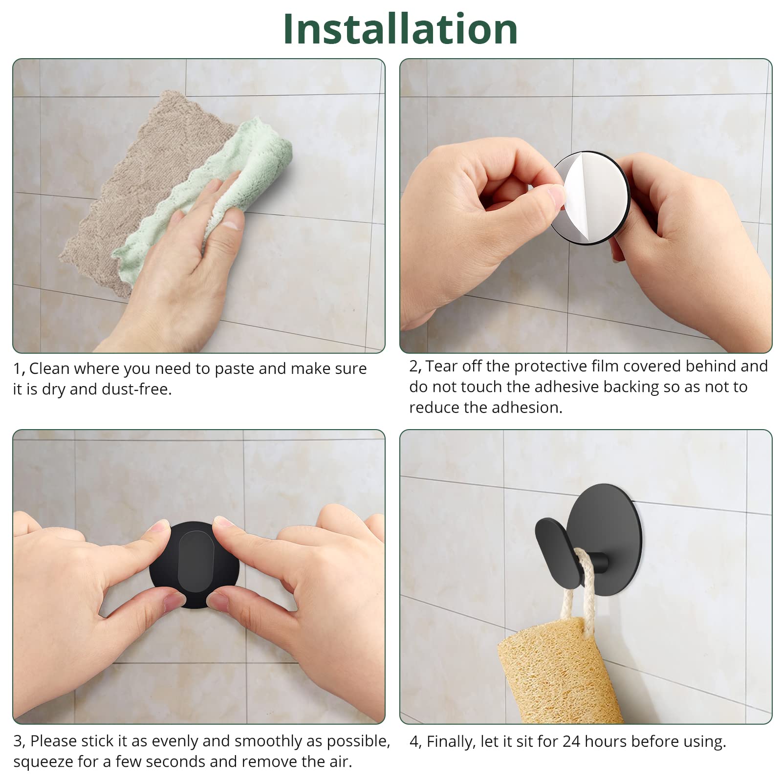 JiGiU 6-Pack Matte Black Adhesive Hooks - Heavy Duty Stainless Steel Wall Hooks for Towels, Coats & Hats | Waterproof Sticky Hooks for Bathroom, Bedroom, Kitchen, Closet & Cabinet Organization | Perfect for Hanging Robes, Keys & Decor in Small Spaces