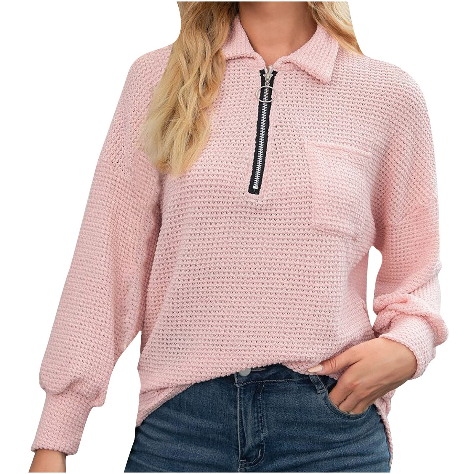 Women's Casual Zipper Lapel Waffle Pullover Sweater - Long Sleeve Loose Knit Sweatshirt with Pockets for Fall | Cozy Solid Color Top for Work, Travel & Everyday Wear