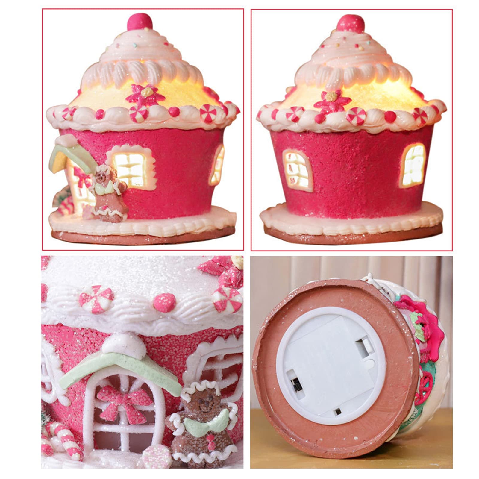 LED Lighted Christmas Gingerbread House Ornaments - Pink Candy House Decor with Lights for Holiday Tree, Mantel & Tabletop - Festive Indoor Room Decoration for Xmas Party & Home Décor
