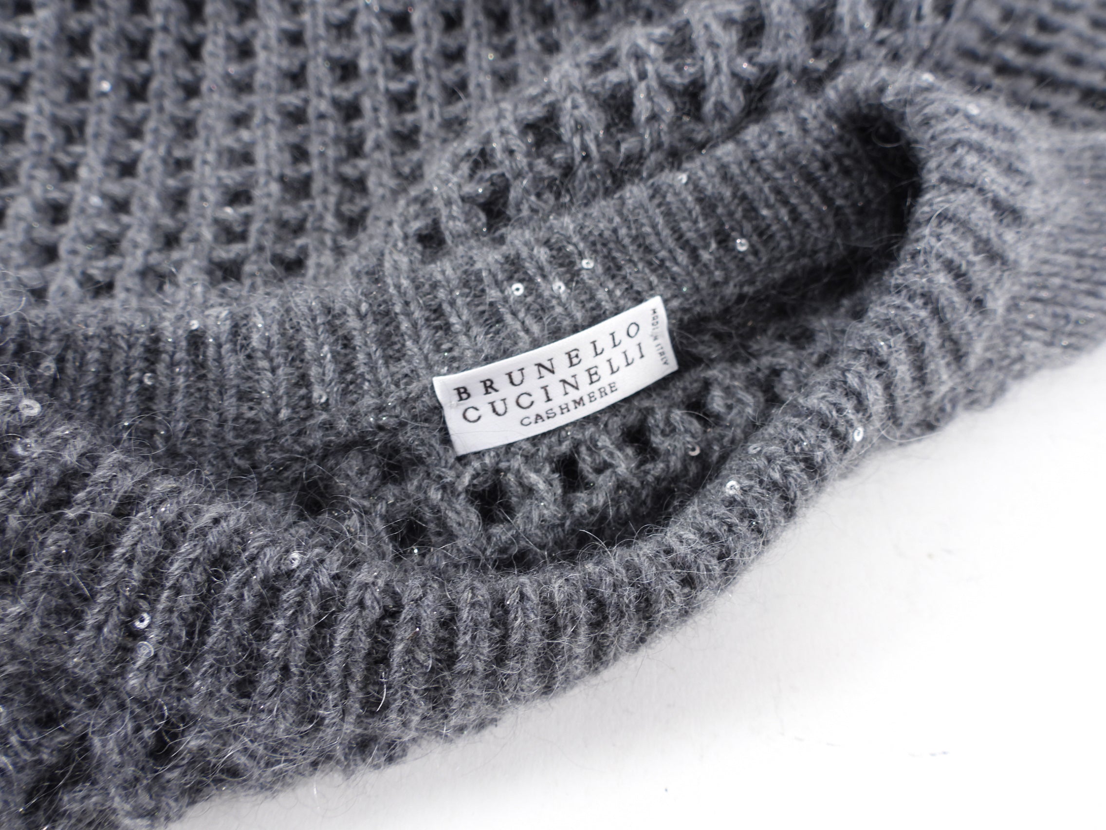 Brunello Cucinelli Grey Cashmere Sweater with Grid Knit & Sequin Details - Elegant Shimmer for Women's Luxury Fashion - Perfect for Holiday Parties & Evening Events