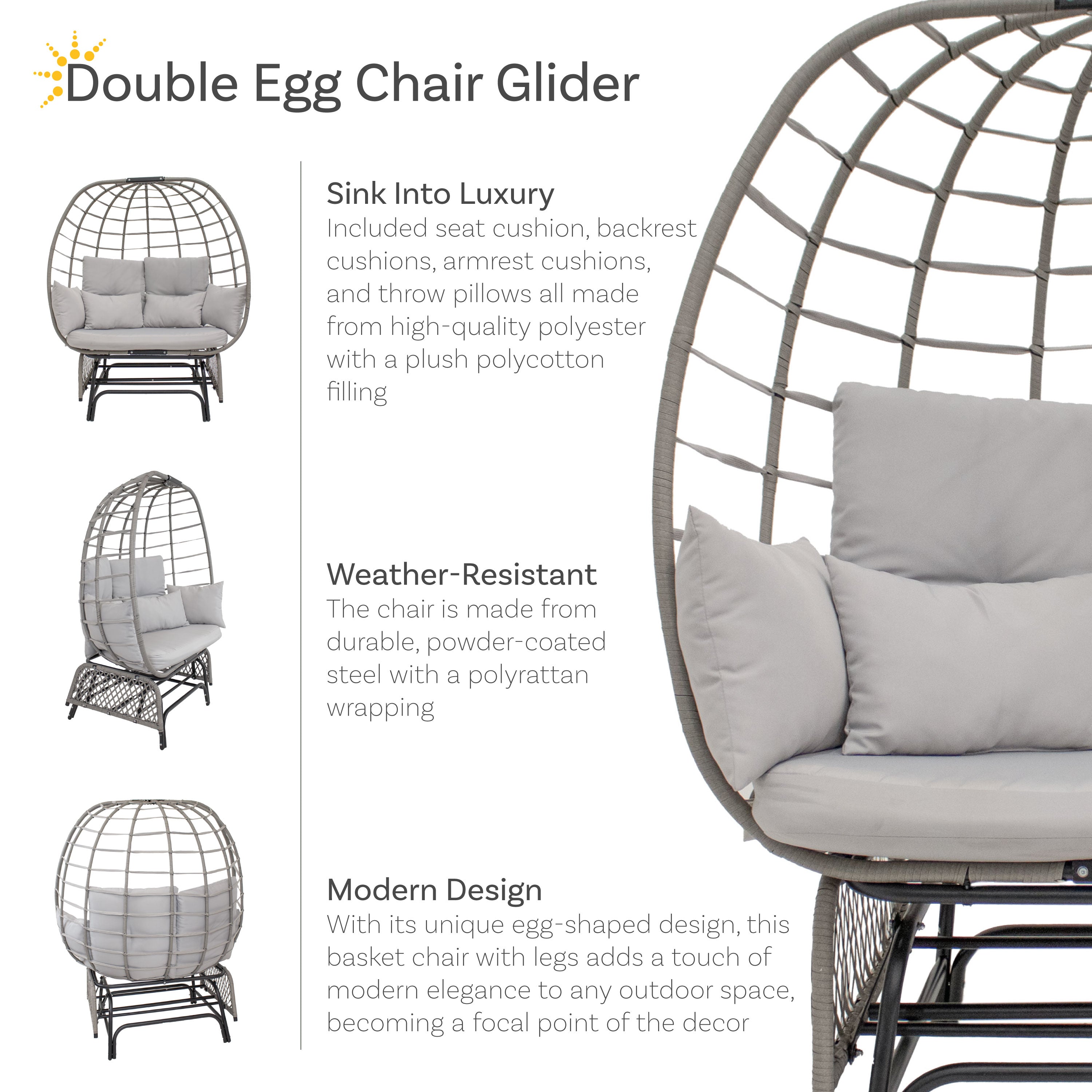 Sunnydaze Double Outdoor Egg Chair with Legs - Gray Hanging Swing Chair with Cushions & Pillows for Patio, Garden, or Backyard Relaxation