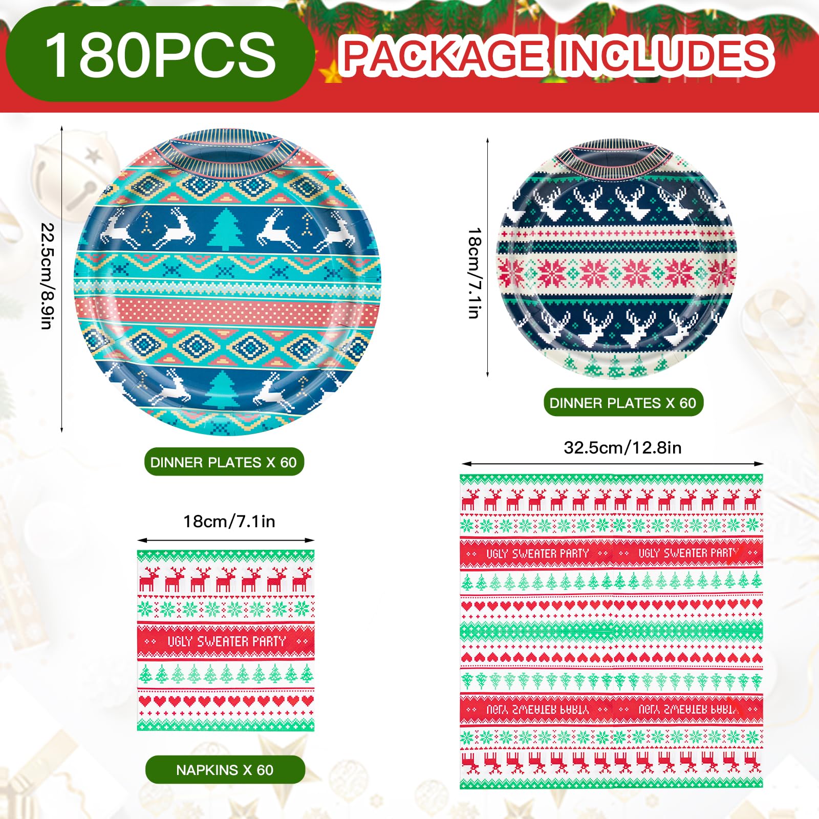 180-Piece Ugly Christmas Sweater Party Supplies Set - Serves 60 Guests | Christmas Paper Plates, Napkins & Dinnerware Kit for Holiday, Birthday & Xmas Celebrations | Includes Dinner Plates, Dessert Plates & Napkins | Perfect for Christmas Parties, Office Events & Family Gatherings