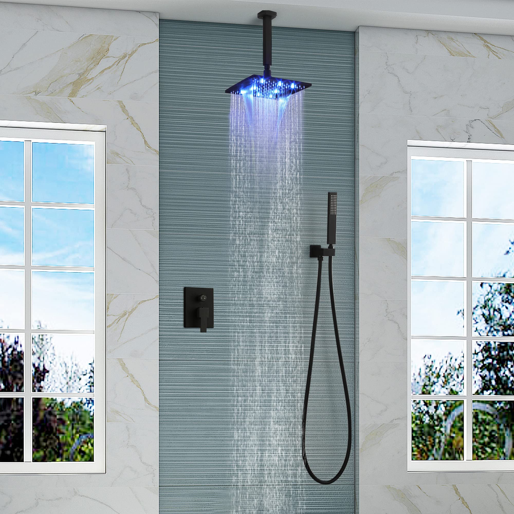 SKOWLL Matte Black Ceiling Mounted Shower System - 2 Function Shower Control Valve, High Pressure Rainfall Shower Head & Handheld Spray Combo for Luxurious Spa-Like Bathroom Experience