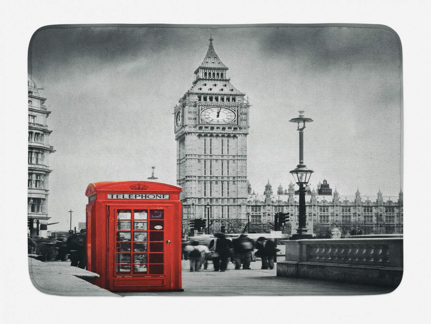 Ambesonne London Bath Mat - Vintage Big Ben & Telephone Booth England Street View, Non-Slip Plush Bathroom Rug, 30.2 x 20 Inches, Red & Grey - Perfect for UK-Themed Bathroom Decor & Gift for Anglophiles