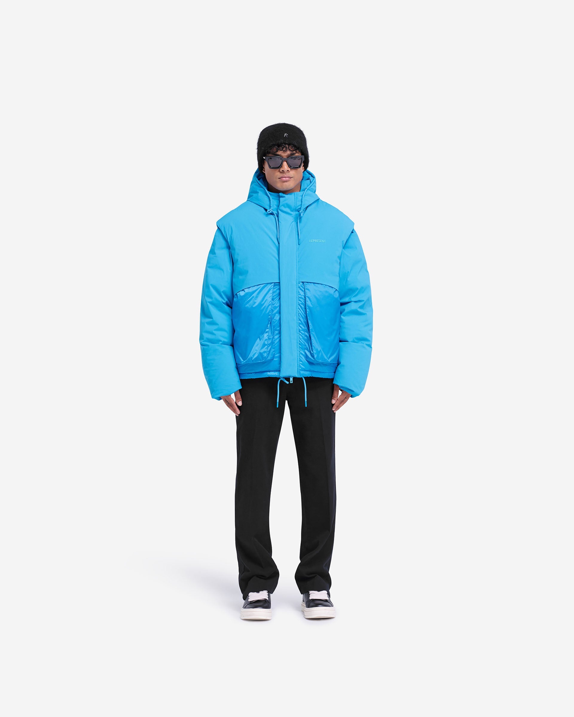 Electric Blue Layered Hooded Puffer Jacket - Women's Winter Coat for Cold Weather, Outdoor Activities & Casual Wear