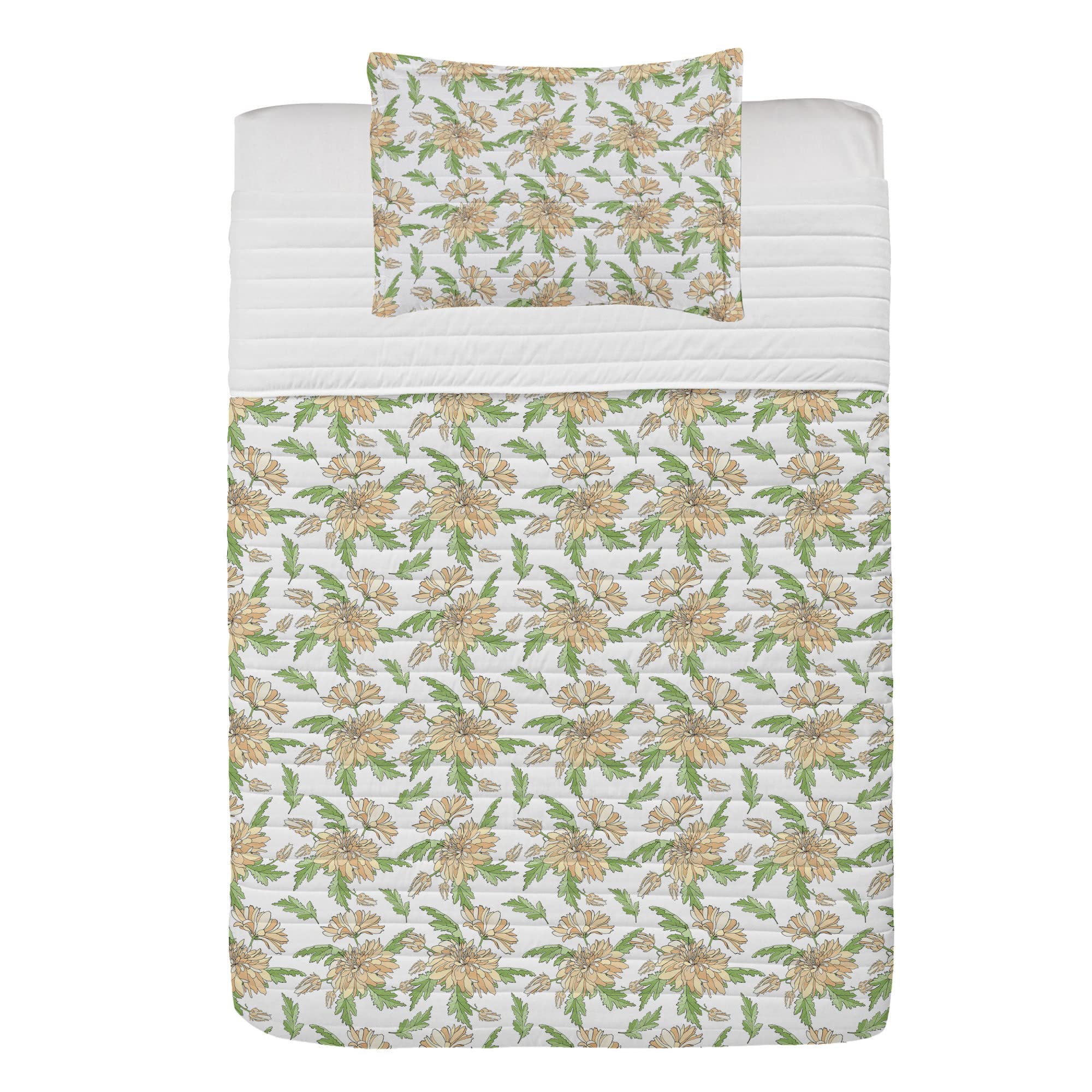 Ambesonne Floral Microfiber Bedding Set - Twin Size Chrysanthemum Print Comforter with Pillow Sham | Soft Pastel Green & Peach Botanical Design | Perfect for Romantic Bedrooms, Guest Rooms & Cozy Home Decor