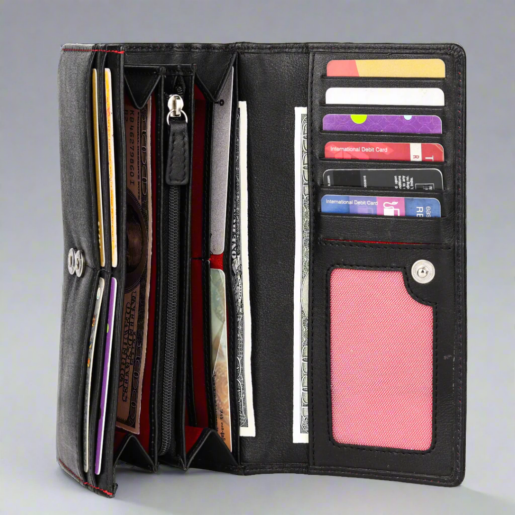 MET Road Women's Red Stitch Leather Wallet - Slim RFID Blocking Bifold Wallet for Women - Perfect for Everyday Use, Travel & Gift Giving