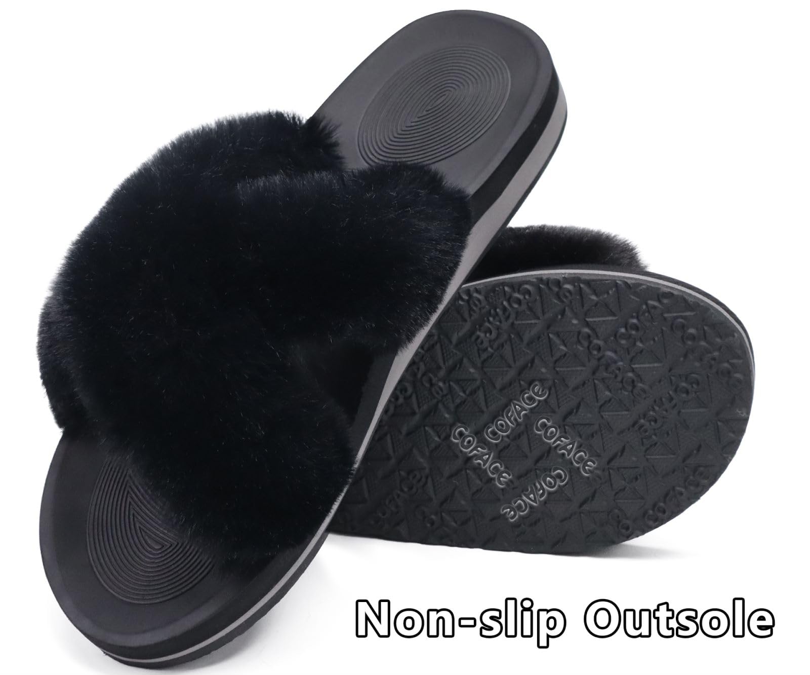 COFACE Women's Fuzzy Slides - Fluffy Faux Fur House Slippers with Arch Support, Open Toe Comfort Sandals for Indoor/Outdoor Wear - Perfect for Yoga, Lounging at Home, and Quick Outdoor Errands