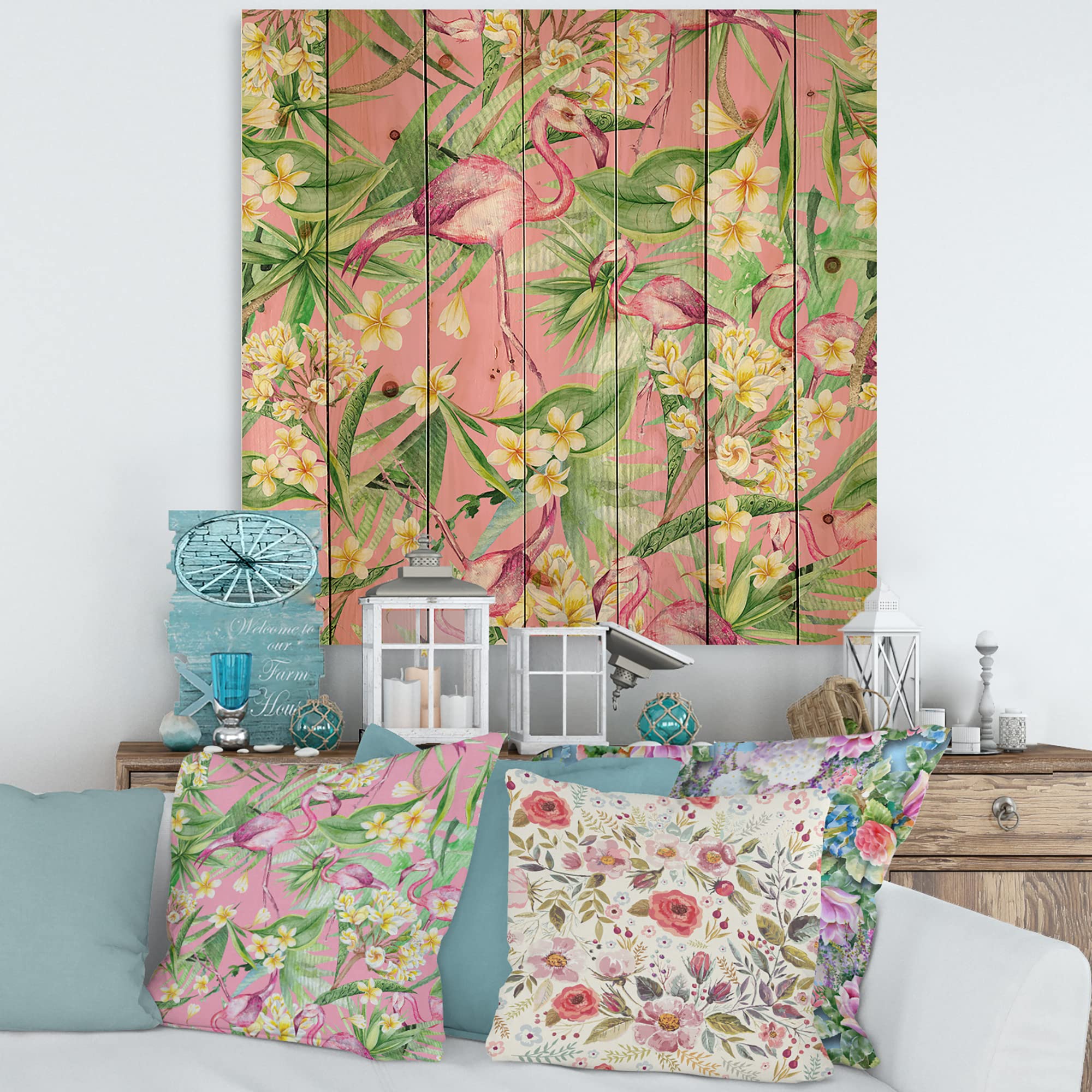 Tropical Floral Wood Wall Art - Pink Flamingo & Yellow Flowers on Pine for Home Decor