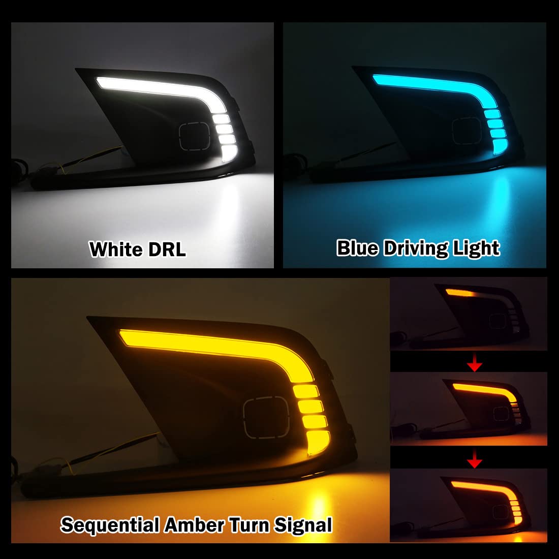 2021-2022 Honda Civic LED Daytime Running Lights (DRL) with Sequential Turn Signal - Tri-Color Fog Lights & Bezel + Wiring Harness - Upgrade for Enhanced Visibility & Style