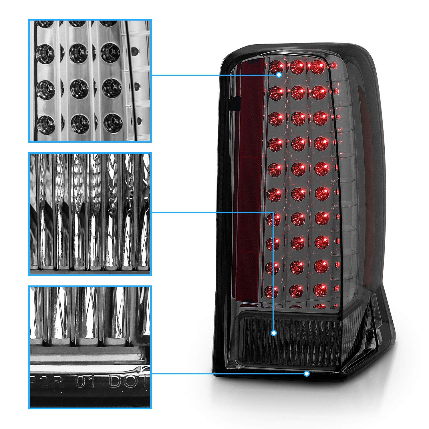 AmeriLite LED Smoke Brake Tail Lights Set for 2002-2006 Cadillac Escalade - Left & Right Side Replacement - Enhanced Night Visibility & Style Upgrade