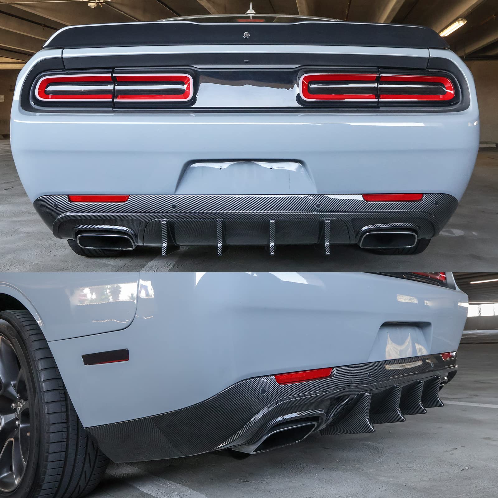 IKON MOTORSPORTS V4 Style Carbon Fiber Print Rear Diffuser for 2015-2023 Dodge Challenger | PP Bumper Lip Spoiler with Shark Fins | Aggressive Styling Upgrade for Street Racing & Car Shows