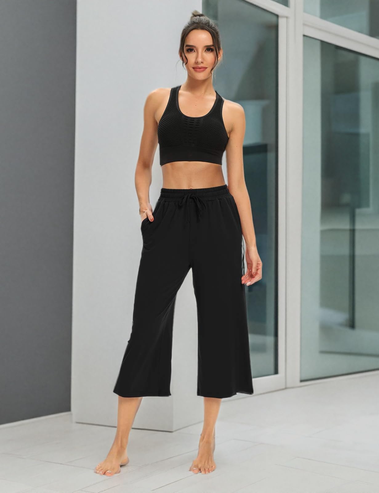 DIBAOLONG Women's Capri Pants - Loose Yoga Pants with Drawstring, Wide Leg Lounge Sweatpants, Comfy Pajama Pants with Pockets for Yoga, Workout, Home & Travel