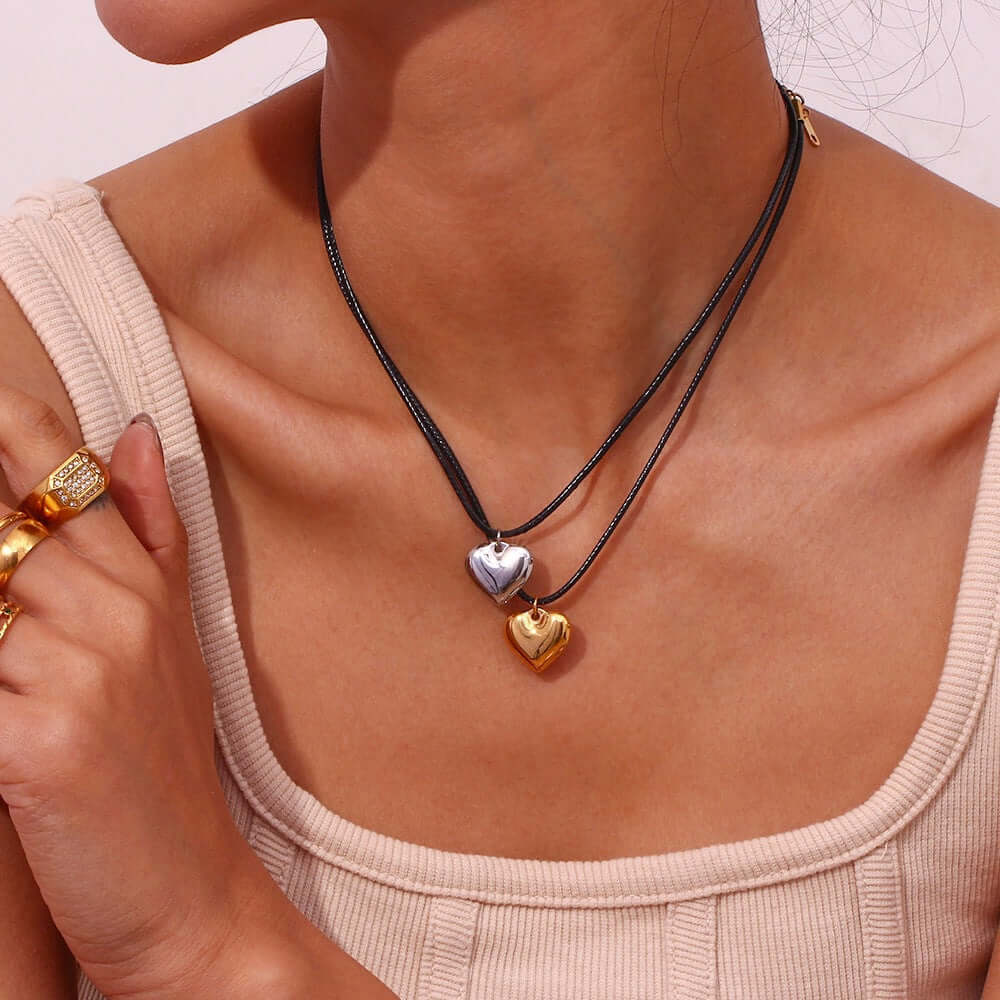 Elegant Black Cord Heart Pendant Necklace in Silver & Gold | Perfect for Valentine's Day Gifts, Anniversary Presents & Romantic Occasions | JDN009