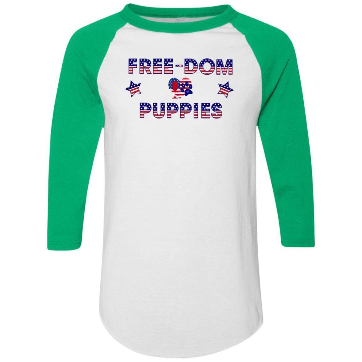 WineyBitches.Co Free Dom Puppies Colorblock Raglan Jersey - Trendy Women's Baseball Tee for Casual Wear, Street Style & Dog Lover Outfits