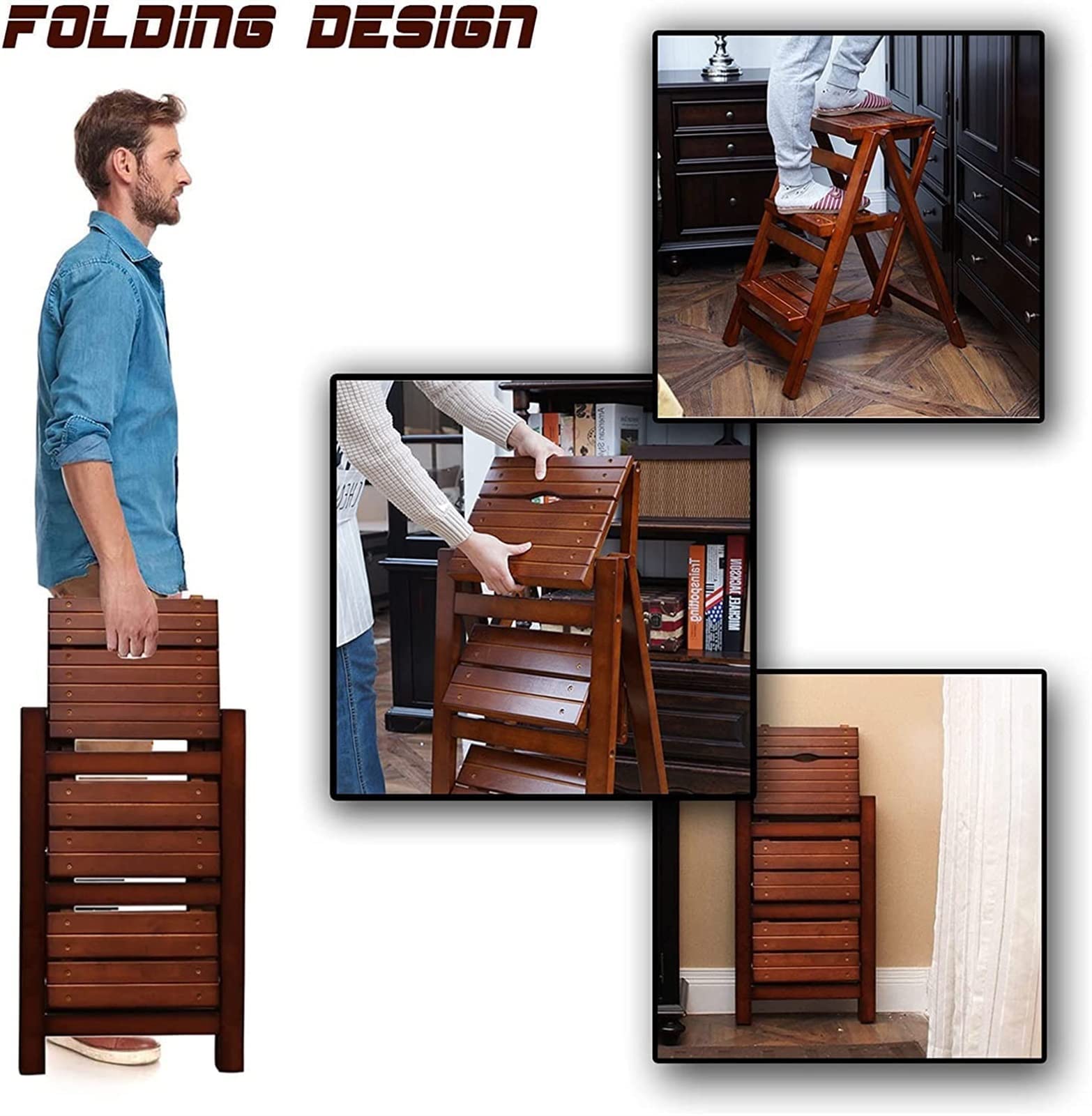 2-Step Wooden Folding Ladder - Multifunctional Step Stool for Home, Kitchen, Library & Household Work - Indoor Climbing Stair Chair (Brown) - Perfect for Reaching High Shelves, Organizing Pantries & Home DIY Projects