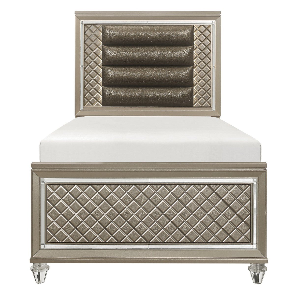 Elegant Champagne Twin Platform Bed with LED Headboard & Mirror Trim - Perfect for Modern Bedrooms, Kids Rooms & Small Spaces