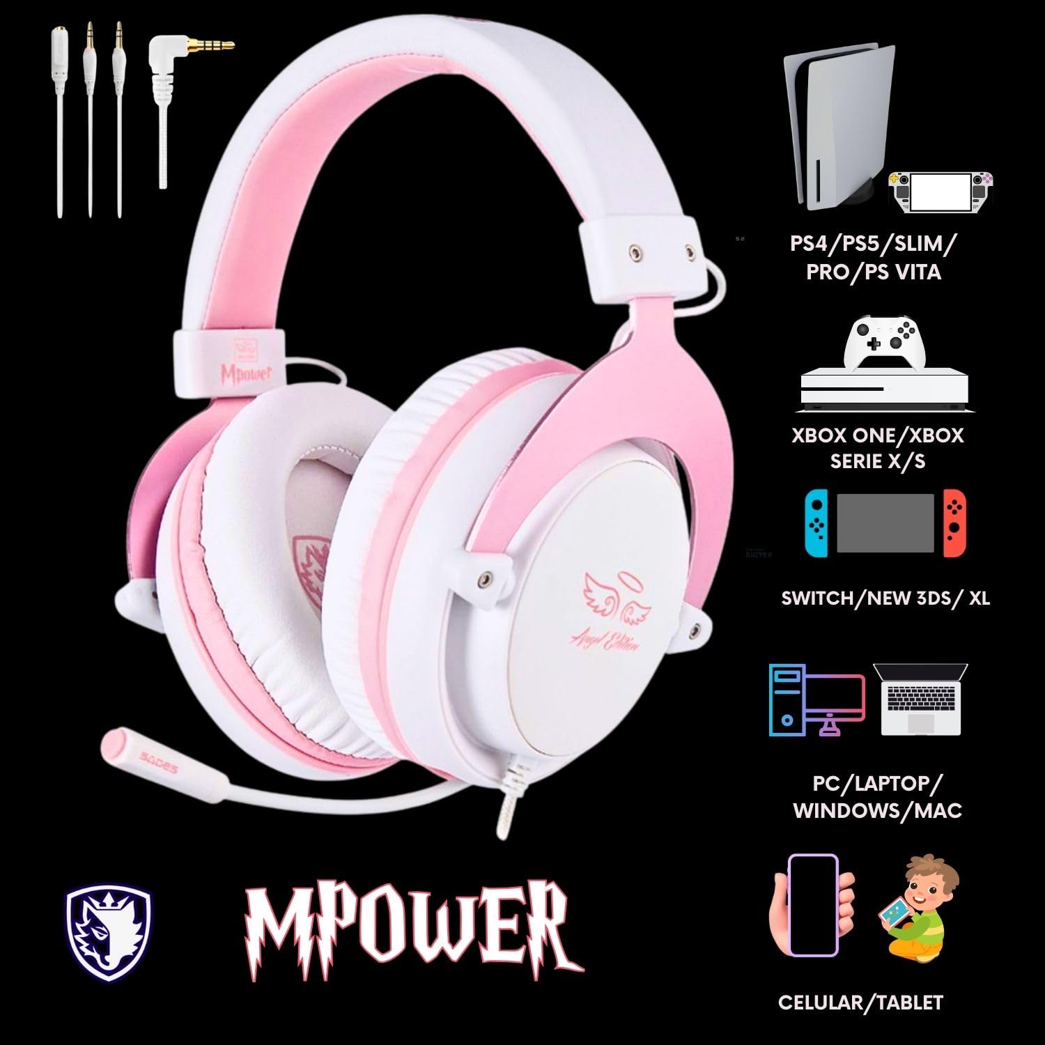 SADES MPOWER Stereo Gaming Headset with Noise Cancelling - Over Ear Headphones with Retractable Mic for PS4, PC, Mobile, Laptop & Nintendo Switch - Soft Memory Earmuffs (Angel Edition) - Perfect for Gaming, Streaming & Online Meetings