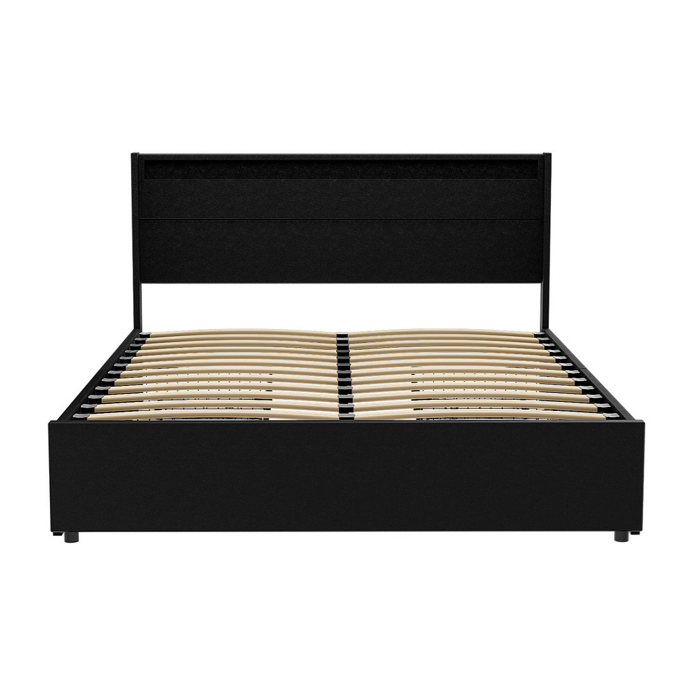 Dunelight LED Queen Size Bed Frame with 4 Storage Drawers - Modern Platform Bed with Underbed Storage & Ambient Lighting, Black - Perfect for Small Bedrooms, Guest Rooms & Dormitories