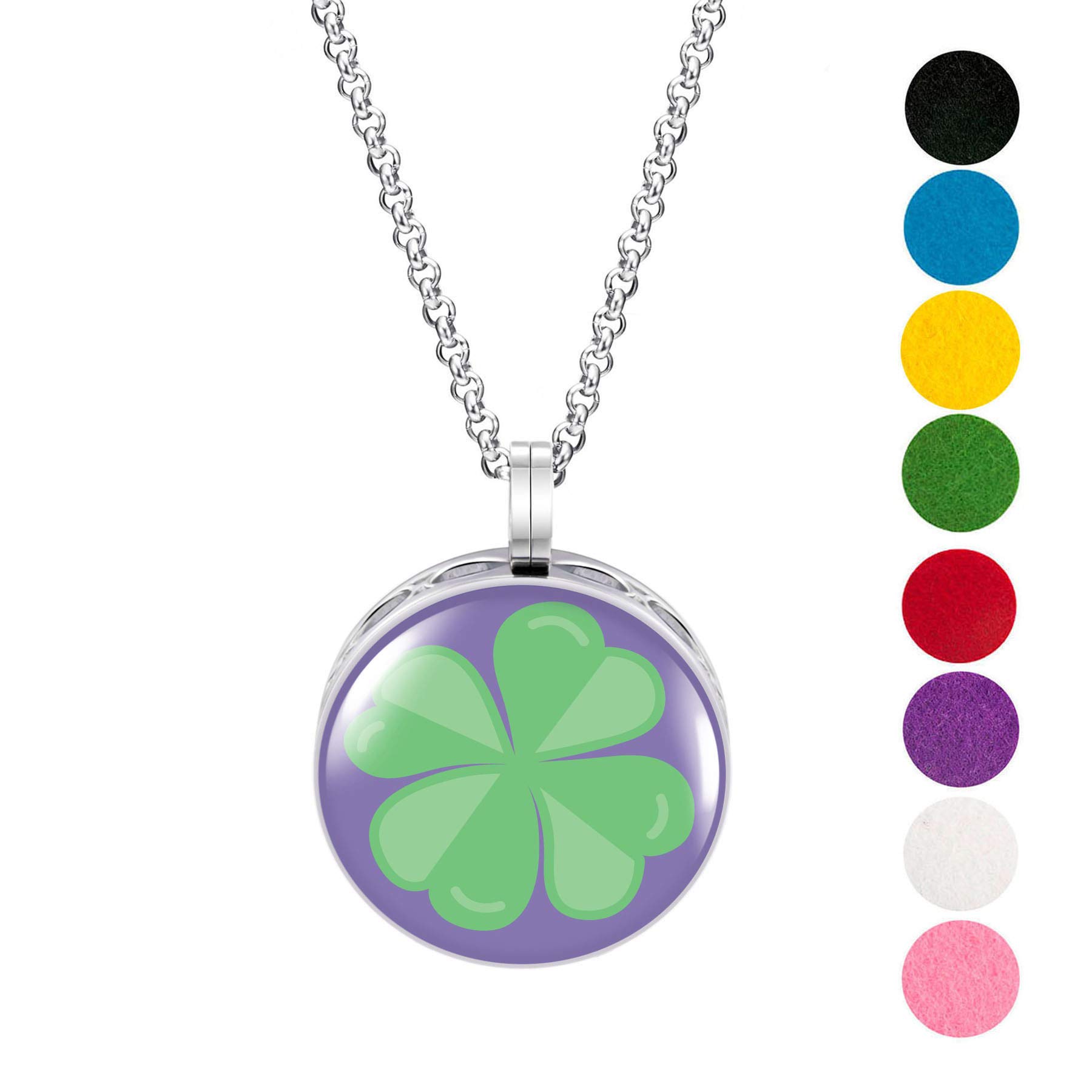 Wild Essentials Four Leaf Clover Aromatherapy Necklace Set - Stainless Steel Essential Oil Diffuser Pendant with 8 Color Refill Pads & 24