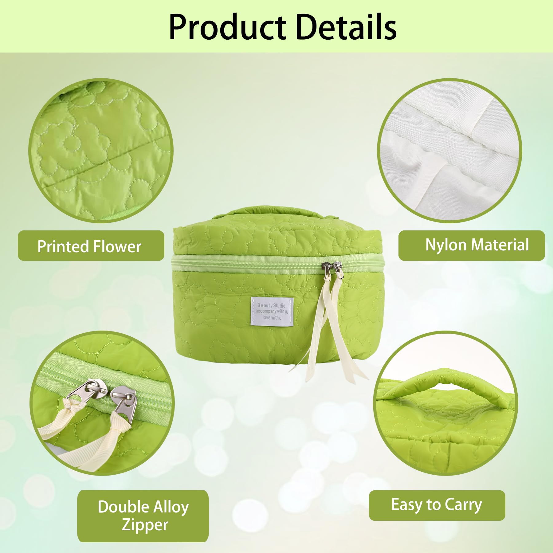 2PCS Large Quilted Makeup Bags for Women - Floral Cosmetic Organizer, Aesthetic Flower Toiletry Bag, Travel Essentials Case (Green, 2 Sizes) | Perfect for Travel, Gym & Daily Beauty Storage