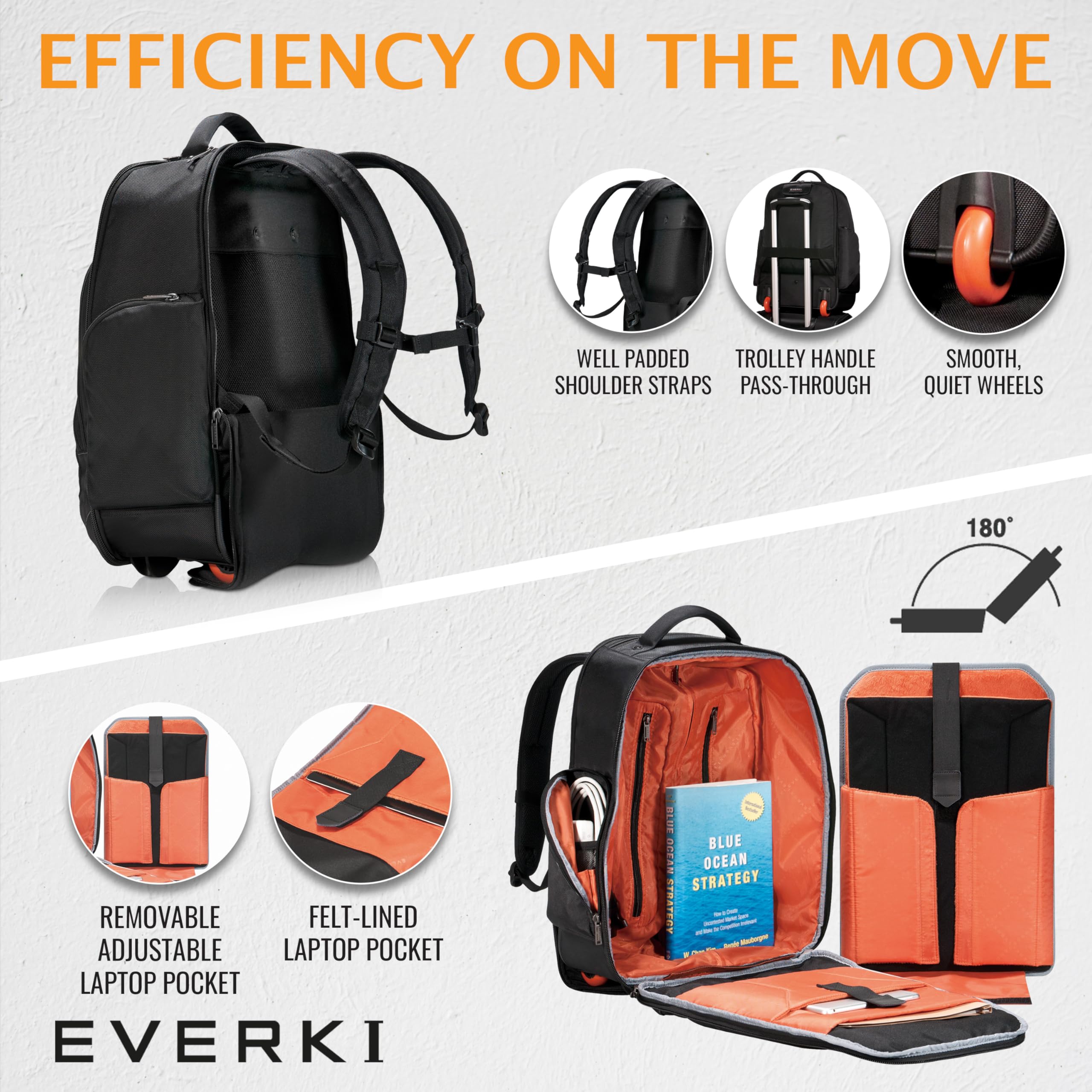 EVERKI Atlas Wheeled Laptop Backpack 13-17.3 Inch Trolley Bag with Adjustable Compartment - 30L Travel Cabin Rucksack for Men and Women, Fits Under Airplane Seat, Perfect for Business Travel, Commuting & Daily Use - Black