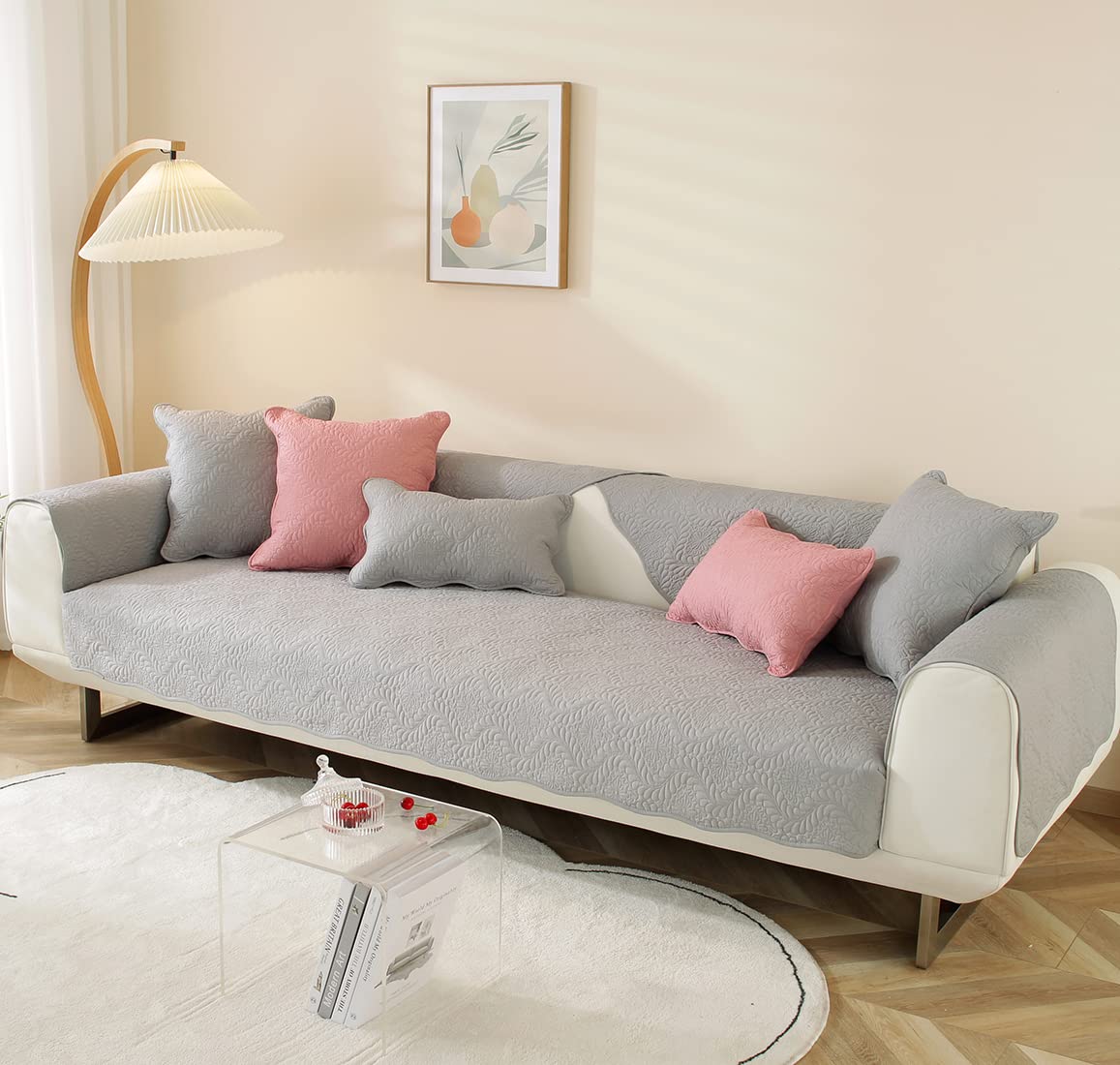VCTOPS Embroidered Cotton Quilted Sofa Cover - Non-Slip Washable Furniture Protector for Sectional Couches, Farmhouse Style (Light Gray, 28