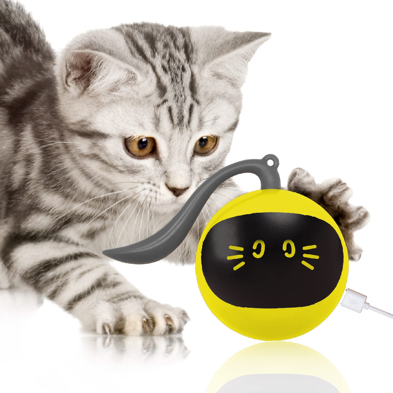 Interactive Cat Toys with 360° Self-Rolling Ball - USB Rechargeable Hunting Exercise Toys for Kittens & Puppies - Indoor Play Teaser Wand for Small Dogs & Cats (Yellow) - Perfect for Playtime, Training & Bonding with Your Pet