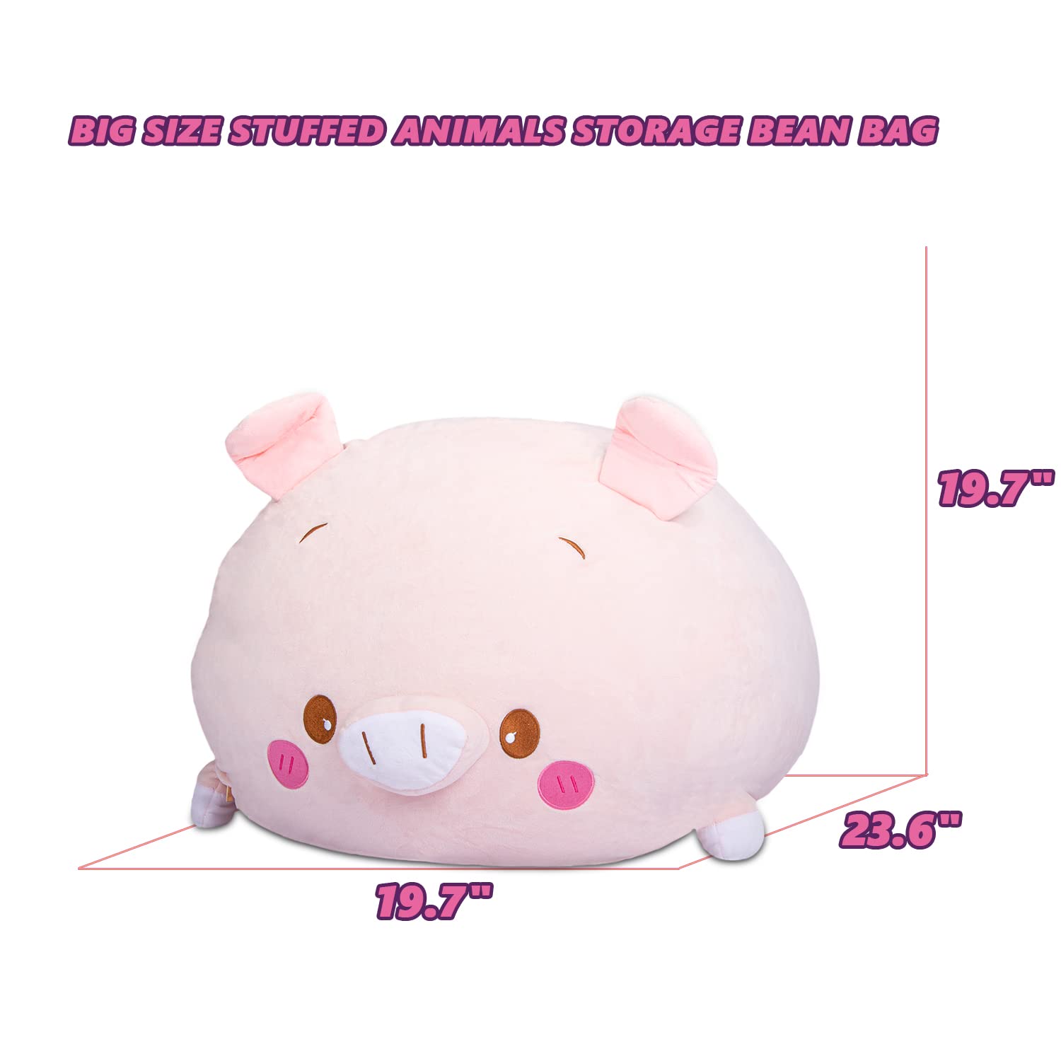 Pink Pig Plush Stuffed Animal Storage Bean Bag Chair Cover for Kids - Large Size Toy Organizer (Cover Only, No Filling) - Perfect for Girls' Bedroom, Playroom & Nursery Organization
